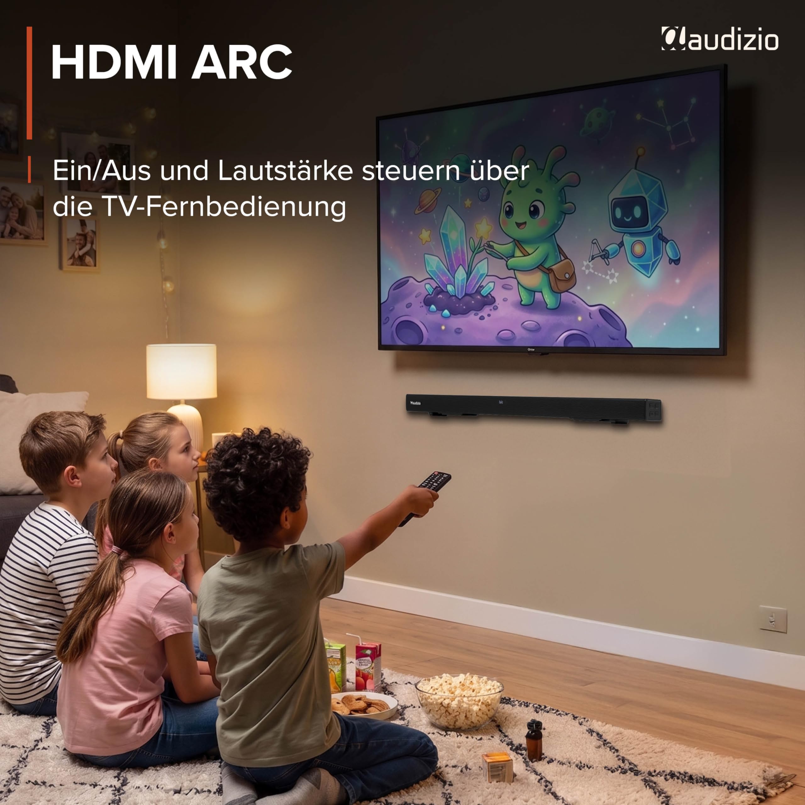 Audizio SB95 Soundbar für TV Geräte – Bluetooth 5.3, 120 Watt, HDMI ARC, Optisch, USB & AUX – Equalizer mit 3 Sound-Modi, TV Soundbar mit integriertem Subwoofer - Heimkino Soundsystem, 88cm - Schwarz
