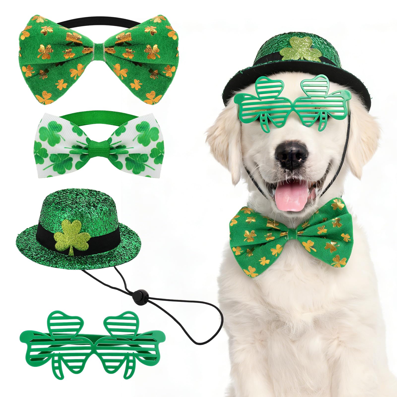4 Pack St.Patrick's Day Costume, Including Irish Green Dog Clothes Shamrock Tall Hat Bow Glasses Tie Collar for Dog Cat Outfits