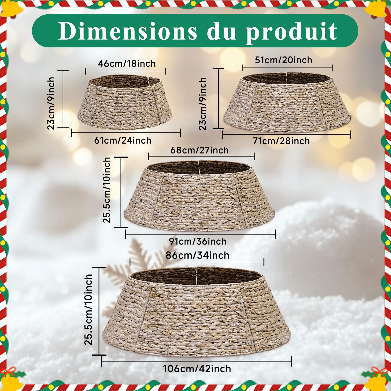 Rotin Collier Sapin Noël 61 cm, Housse Décorative Cache Base Pied Jupe Vannerie Christmas Tree Collar Blanc