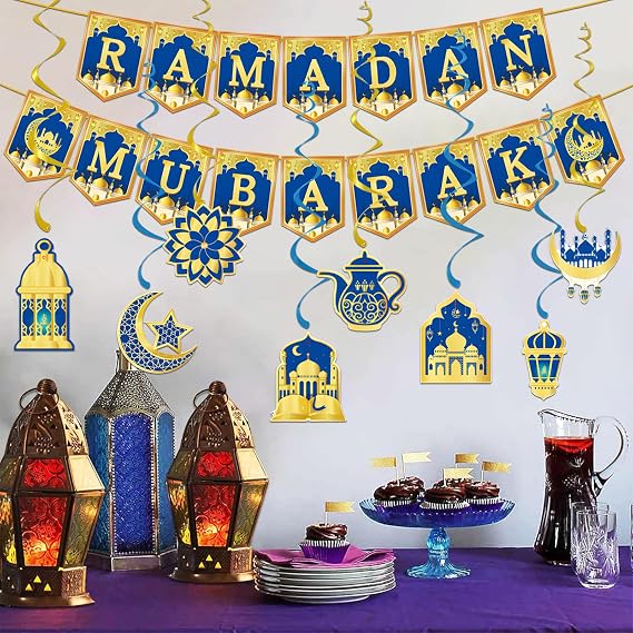 35PCS Ramadan Decorations, Eid Ramadan Mubarak Banner and Foil Hanging Swirl Streams Ceiling Decor for Home, Shining Gold Star Moon Lanterns Castles Ornament for Islamic Muslim Al-Fitr Party Supplies