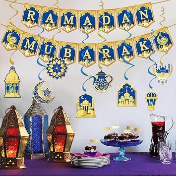 35PCS Ramadan Decorations, Eid Ramadan Mubarak Banner and Foil Hanging Swirl Streams Ceiling Decor for Home, Shining Gold Star Moon Lanterns Castles Ornament for Islamic Muslim Al-Fitr Party Supplies