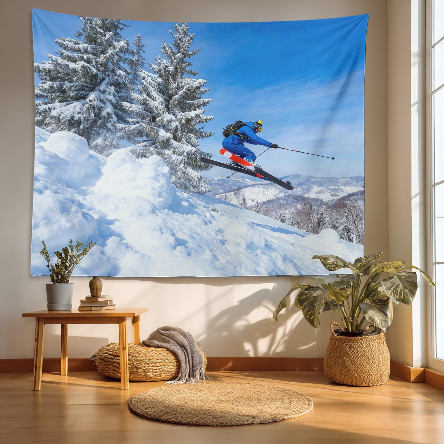 Tapisserie murale Ski d'hiver bleu blanc Tapisserie FêTe XL
