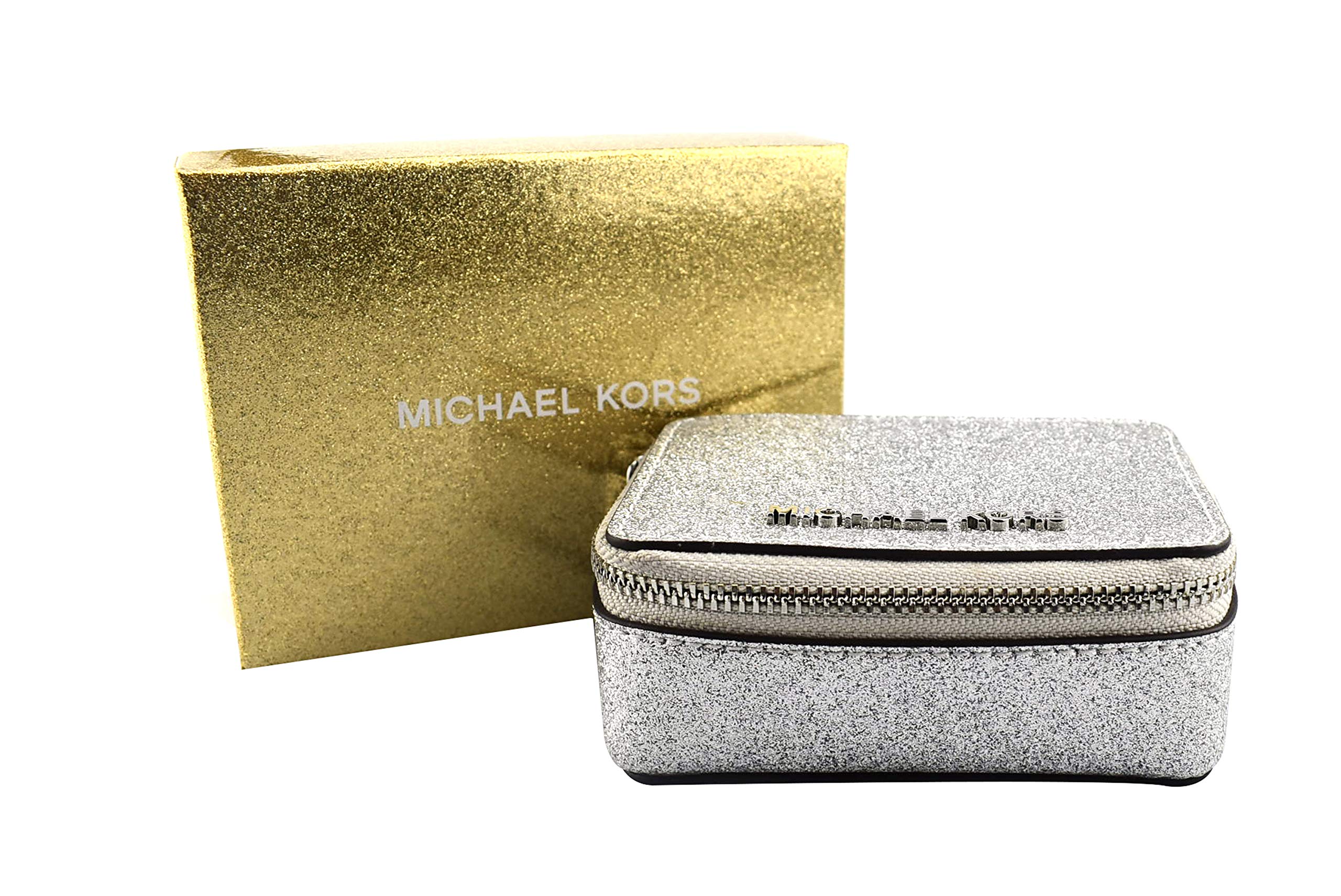 Michael Kors "Valentine's Special" Diamond Dusted Zip around Glitter Pill Box, Leather Material, with Gift Box, for Her - Silver