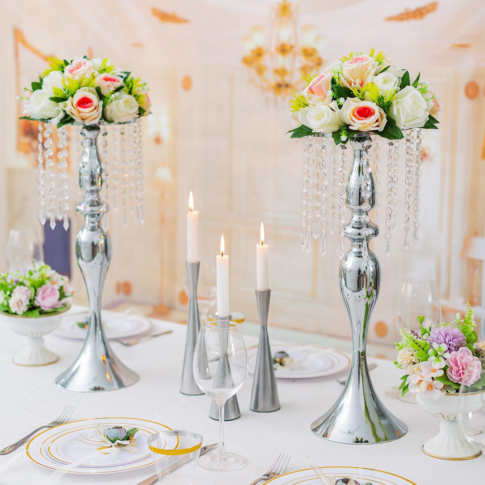 Sziqiqi - Centrotavola floreale in argento con fiore alto con perline di cristallo, per eventi, feste, matrimoni, ricevimenti, centrotavola e composizioni floreali, confezione da 2 pezzi, 54 cm