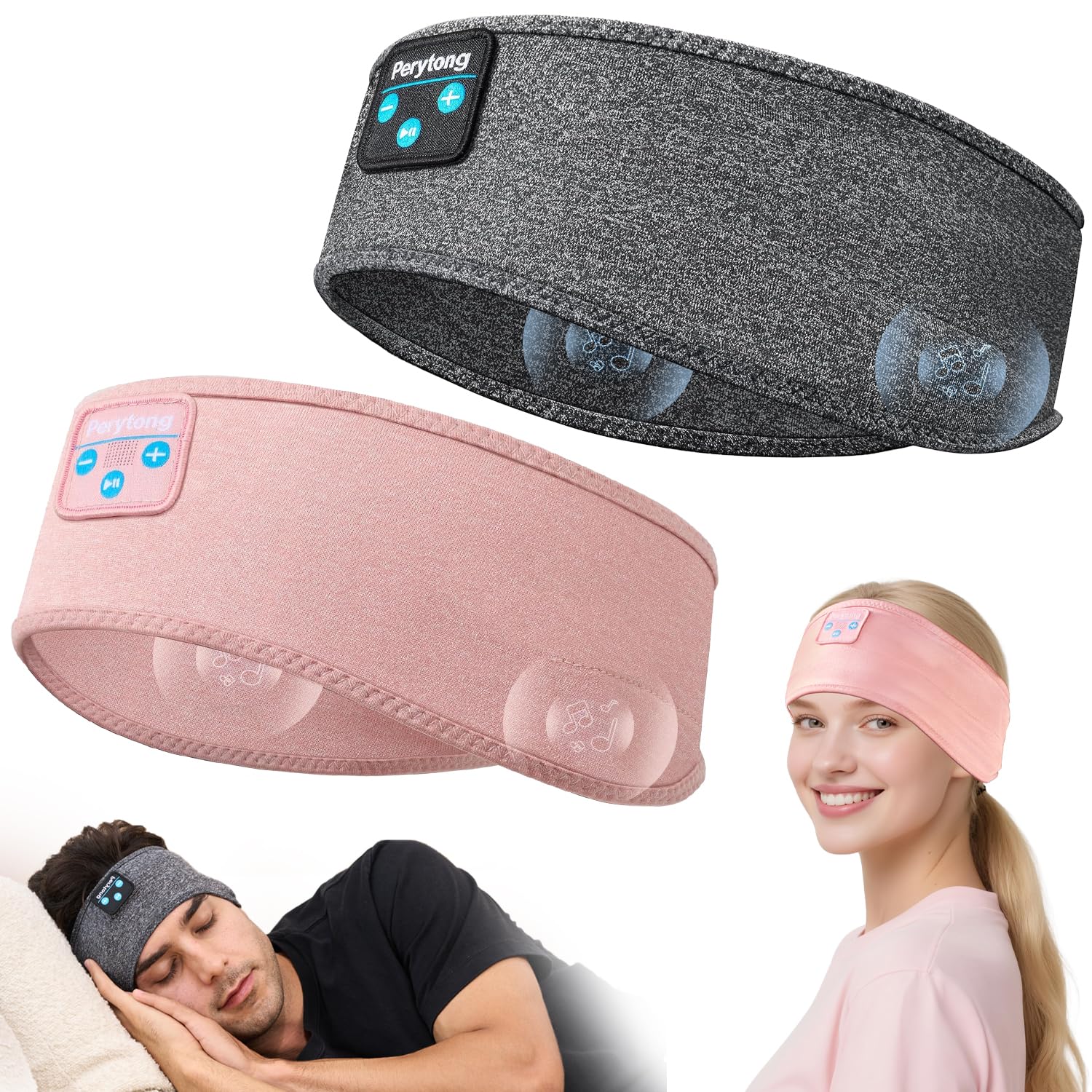 Perytong 2-Pack Sleeping Headphones Wireless Bluetooth Headband Headphones with Ultra-Thin Speakers Bluetooth Headband for Side Sleepers Running Workout