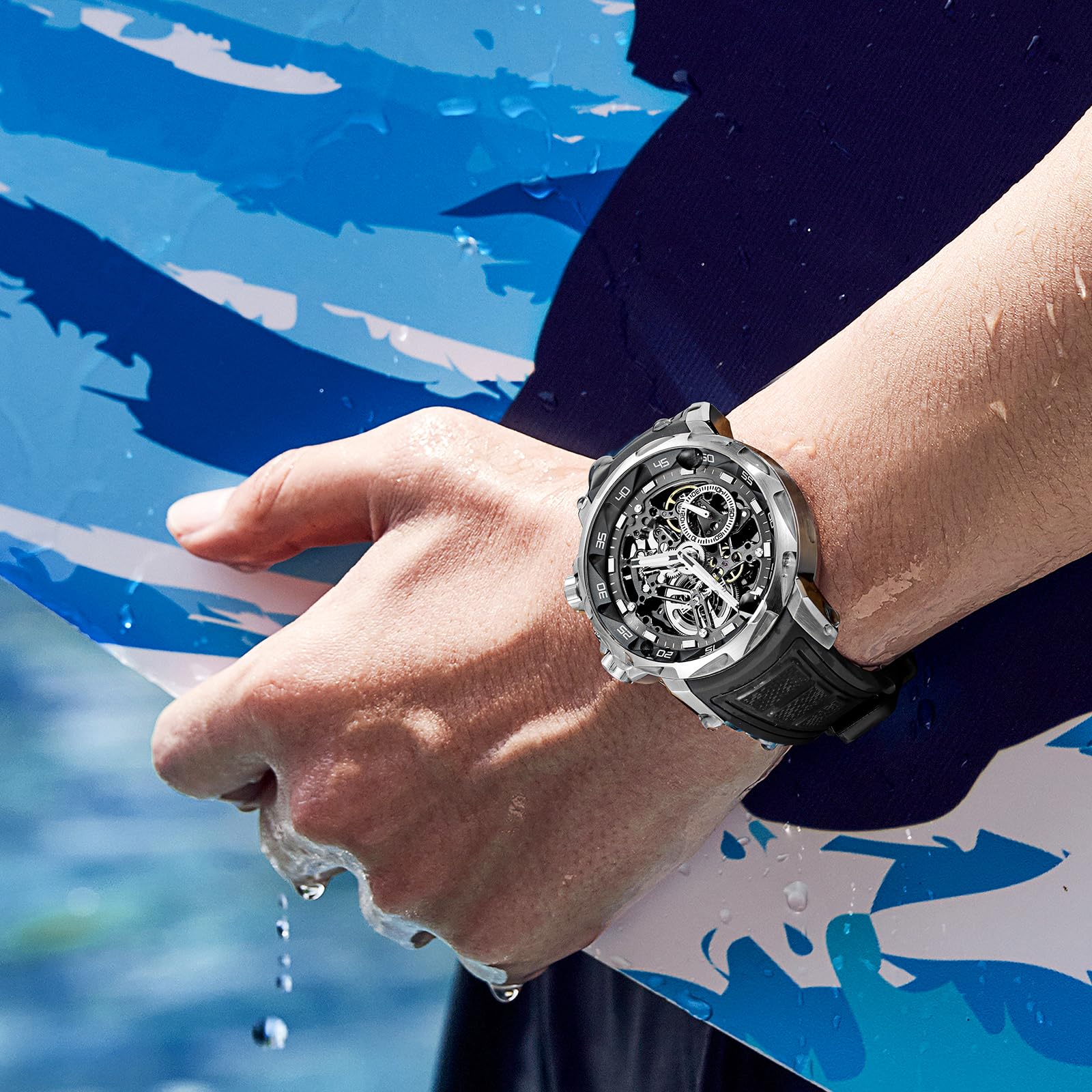FEICE FM511 Herren Automatikuhr Skelett Saphirglas Schwarzem Gummiarmband | Edelstahlgehäuse 46 mm, Skelettiertes Zifferblatt, Leuchtzeiger, Wasserdicht bis 5 ATM