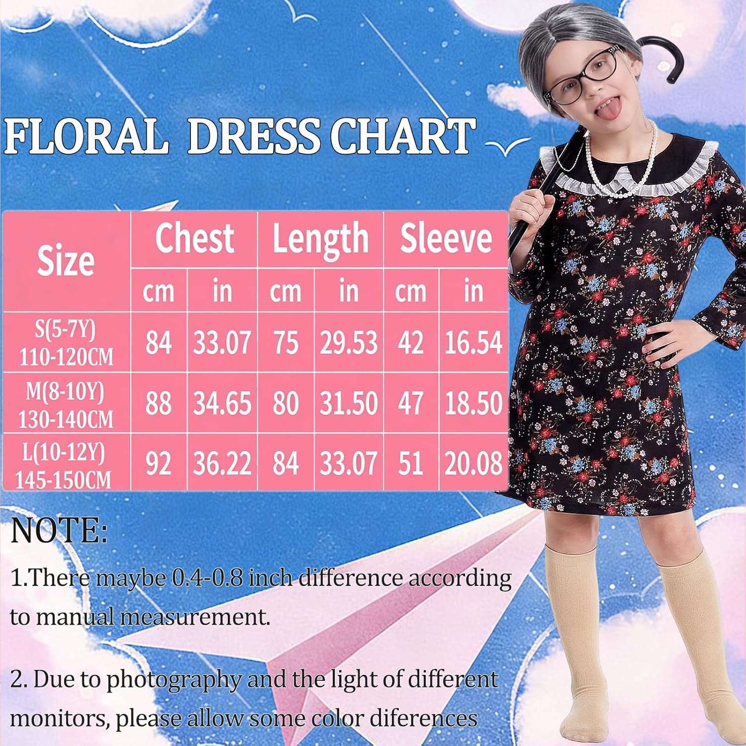 Mprocen Old Lady Costume for Kid 100 Days of School Costume for Girl Granny Nightgown Dress Wig Cane Dress up Accessories Set - Image 3