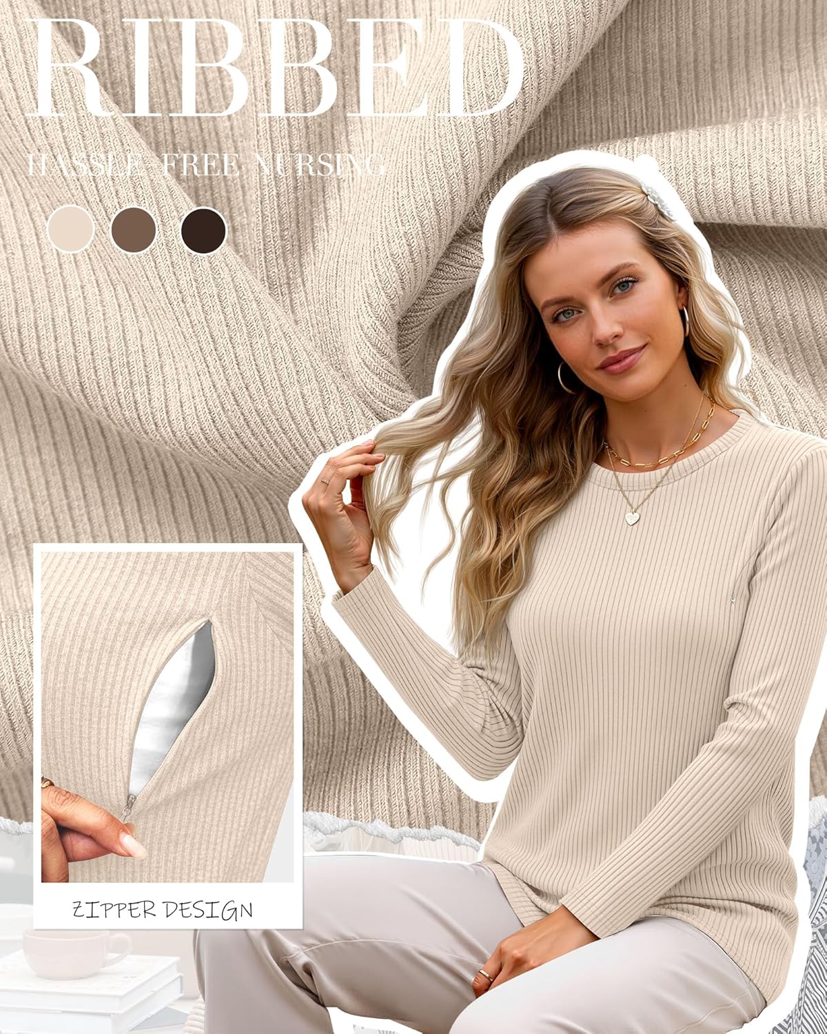 3 Pack Women's Nursing Shirts Ribbed Long Sleeve Breastfeeding Tops with Hidden Zipper Maternity Clothes - Image 3