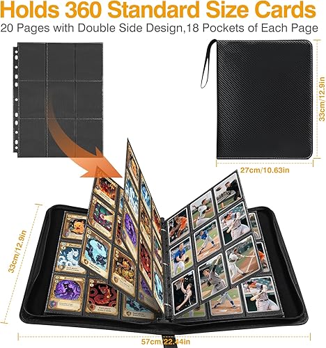 Miniatura 3 de Paquete de 20 fundas negras de 360 bolsillos para tarjetas coleccionables, fundas gruesas de doble cara para tarjetas de juego para carpeta de 3