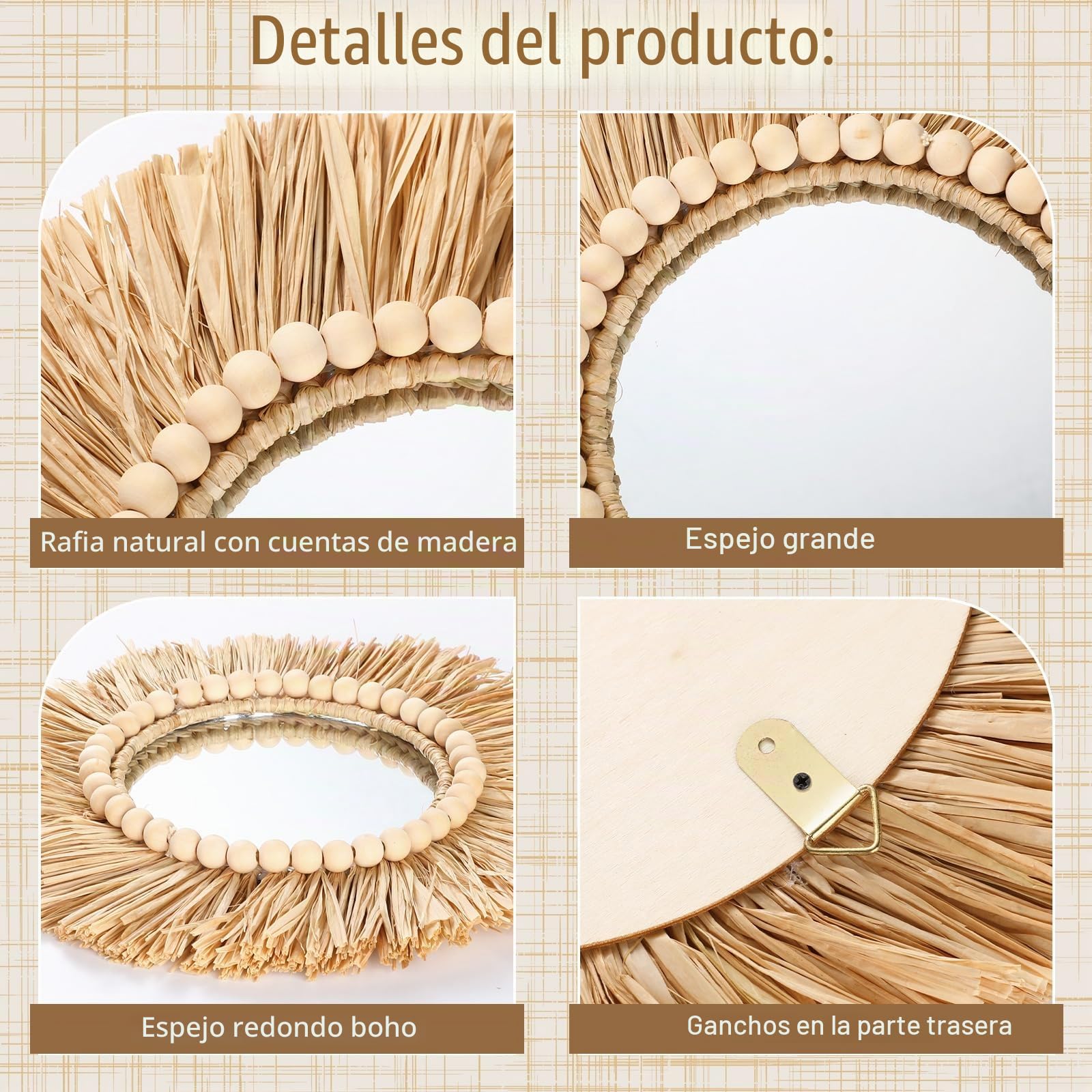 3 espejos de rafia bohemios para colgar en la pared, 15.8 pulgadas, 11.8 pulgadas, redondos, redondos, bohemios, con cuentas de madera, espejos estéticos para dormitorio, sala de estar, baño