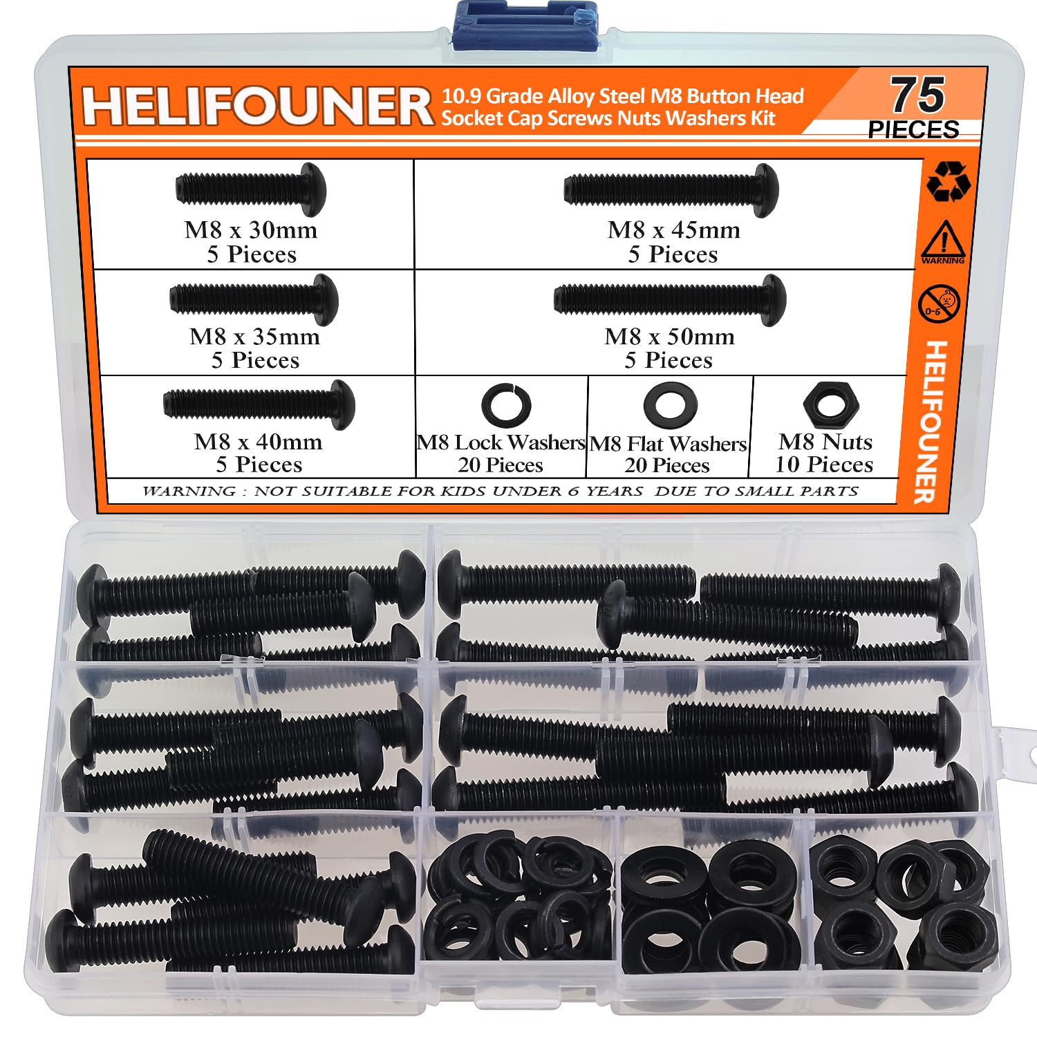 HELIFOUNER 75 Pieces M8 x 30mm /35mm /40mm /45mm /50mm, Button Head Socket Cap Metric Screws Bolts Washers Nuts Kit, 10.9 Grade Alloy Steel, Fully
