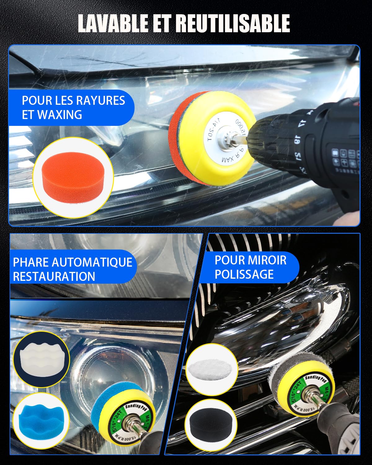 Kit Polissage Phare Voiture 31 Pièces - Papiers De Verre Grains Variés, éponges, Plateau - Pour Restaurer Phares Jaunis
