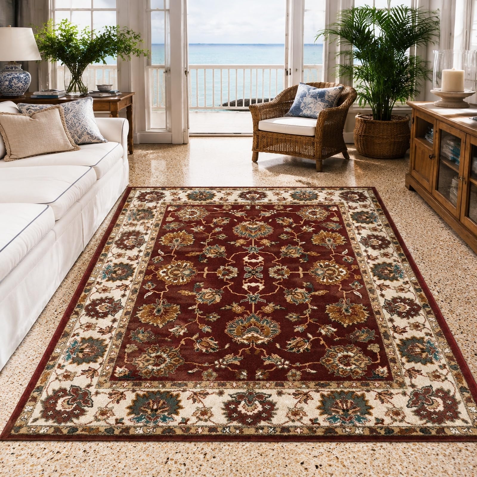 Teppich Quadratisch, 160 x 160 cm, Orientalisches Rot, Beige, Blau, Braun, Teppiche Wohnzimmer, Schlafzimmer, Esszimmer oder Zimmer,