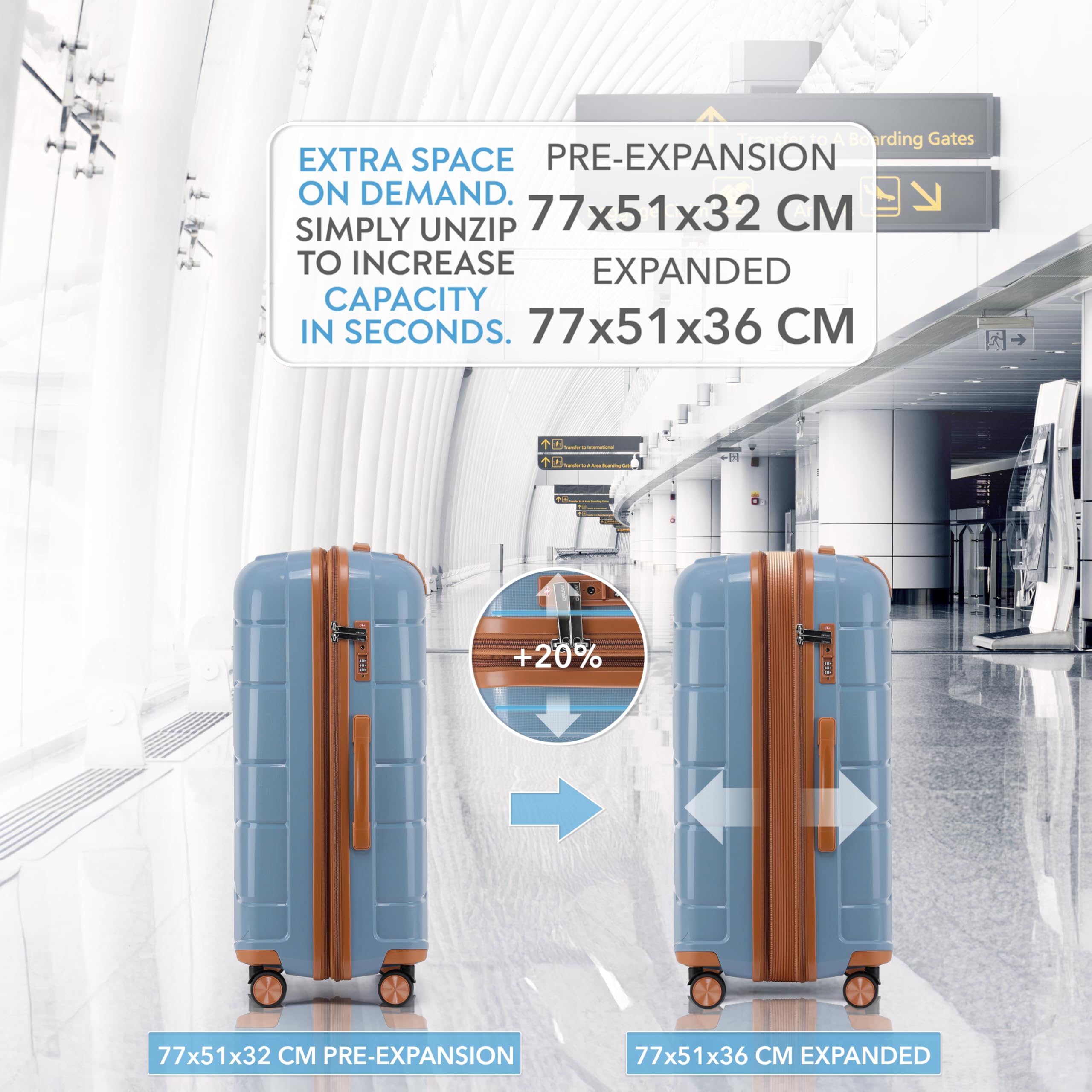 CRUW Large 28" Checked Luggage 77x51x32cm + Expandable Hold Baggage (114/121 Liters) Polypropylene Suitcase TSA Approved Lock 8 Silent Spinner Wheels Lightweight Suitcases Airline-Approved Travel