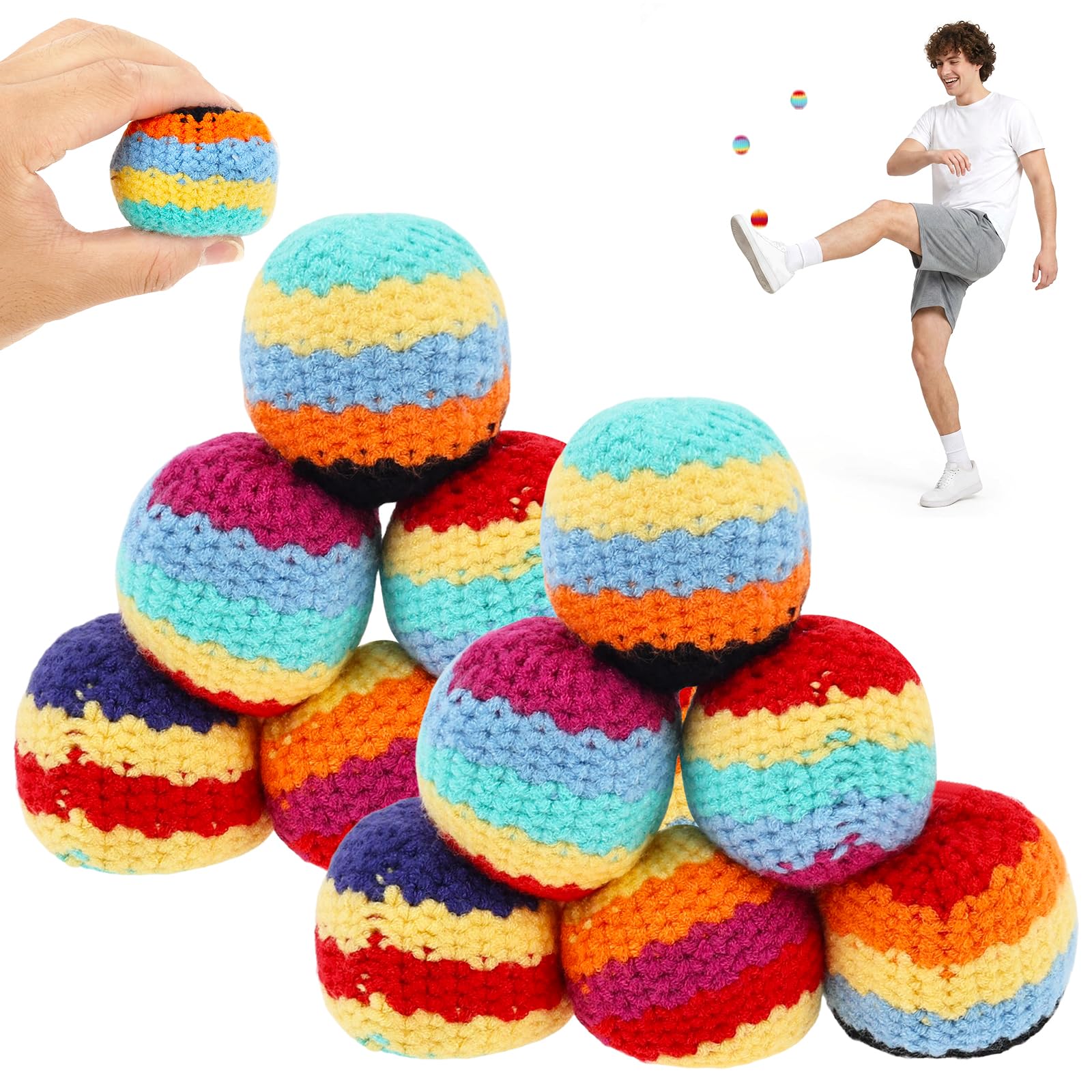 12 Pcs Crochet Knitted Footbag set, 6x5cm Handcrafted Knit Juggling Ball & Kick Balls for Kids or Adults, Soft Woven Hacky Sacks Set in Assorted Colors for Outdoor Garden Games and Party Favors