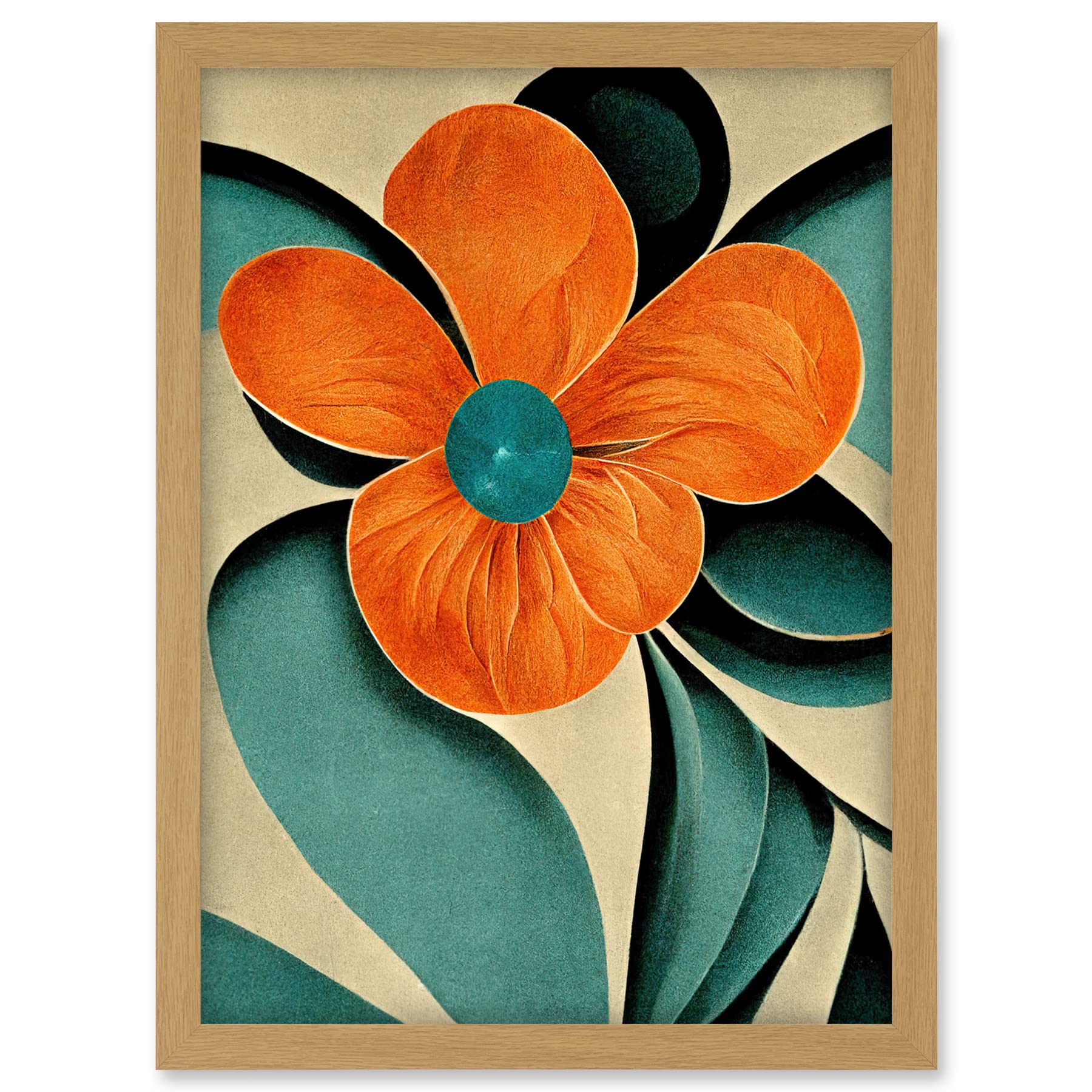 Doppelganger33 LTD Bold Art Deco Flowers Teal Orange Cream Poppy Artwork Framed A3 Wall Art Print