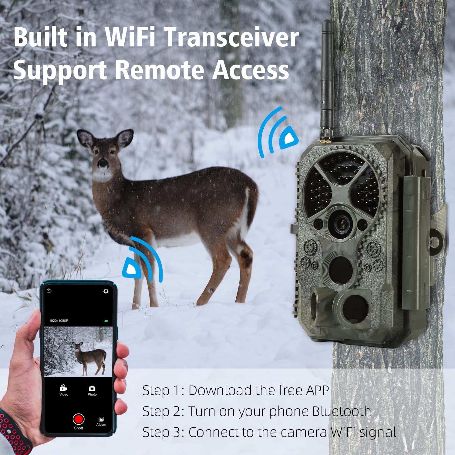 WLAN kamera do obserwacji dzikich zwierząt 64 MP 1296p z noktowizorem i wykrywaniem ruchu, wodoszczelność IP66, szeroki kąt 120°, czas wyzwalania 0,1 s, na podwórko, do ogrodu, gospodarstwa