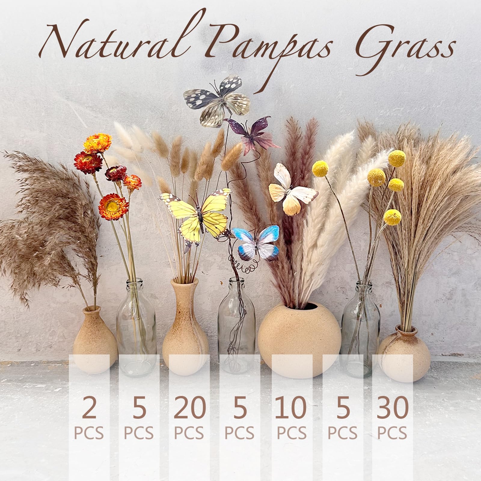 Trockenblumenstrauß: Pampasgras Boho-Dekor, westliches Blumenarrangement enthält Hasenschwanz, Schilfgras und Schmetterlinge für Zuhause, Vase, stimmungsvolles Büro, Hochzeit, Schlafzimmer