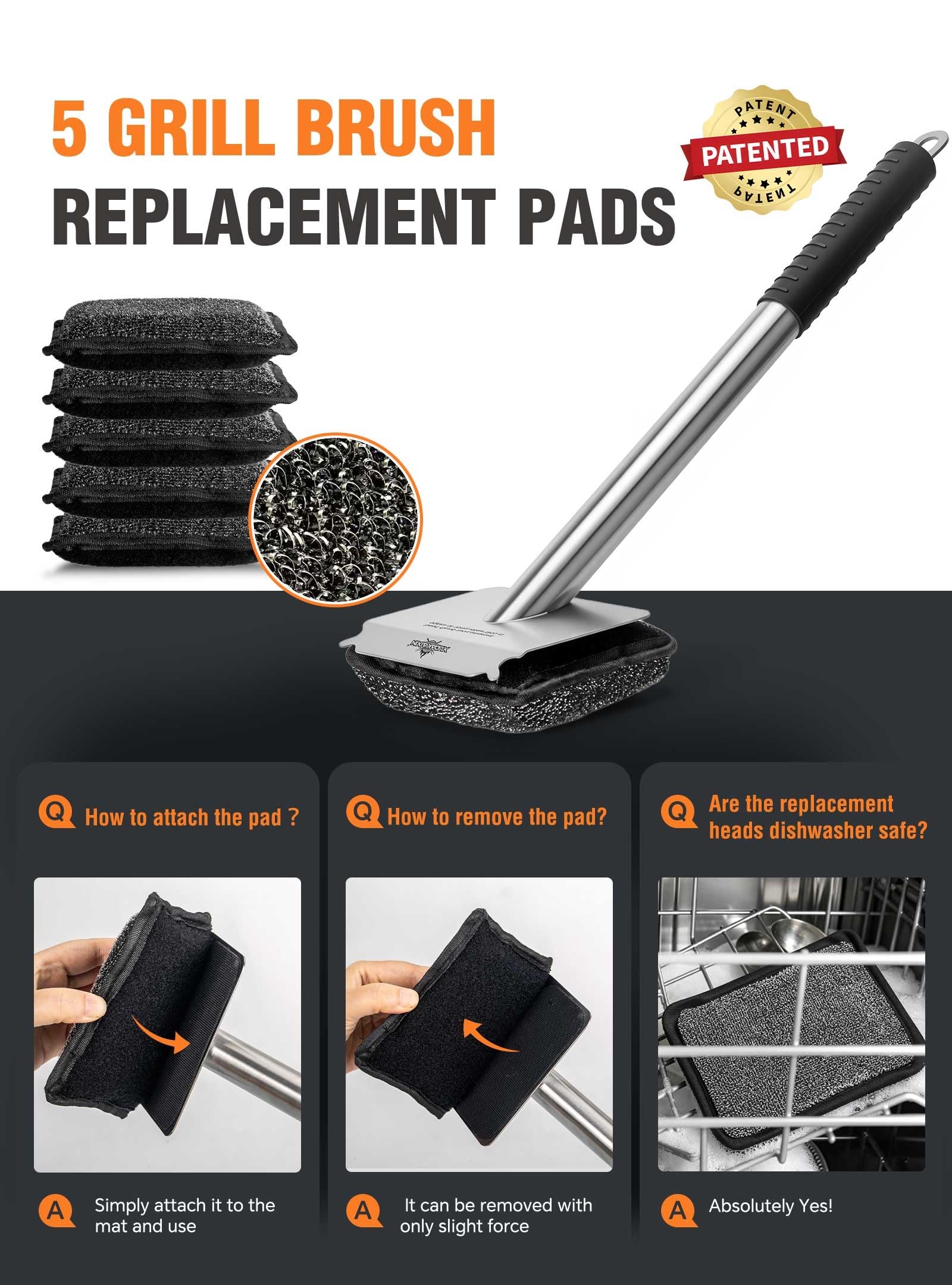 Bristle-Free Steam Grill Brush with 5 Replacement Pads - No Bristle Shedding.Unique Steel Fibers Pads Efficiently Deep Clean All Kinds of Grills A Safe Outdoor Grill Cleaner Gift for Men/Dad