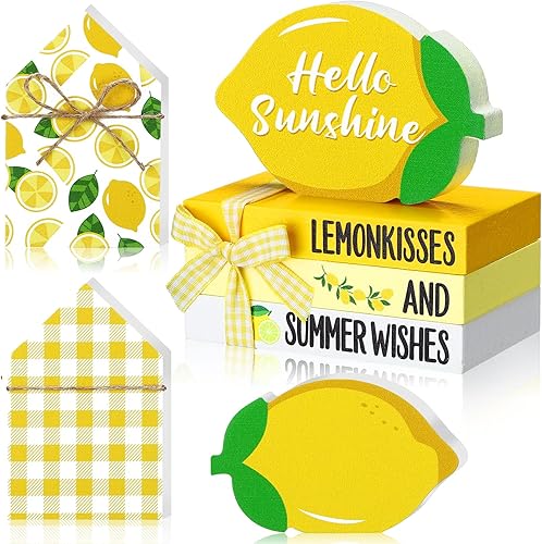 Maitys 5 piezas de decoración de bandeja escalonada de verano de limón, letrero de madera de limón, decoración de cocina de verano, decoración de