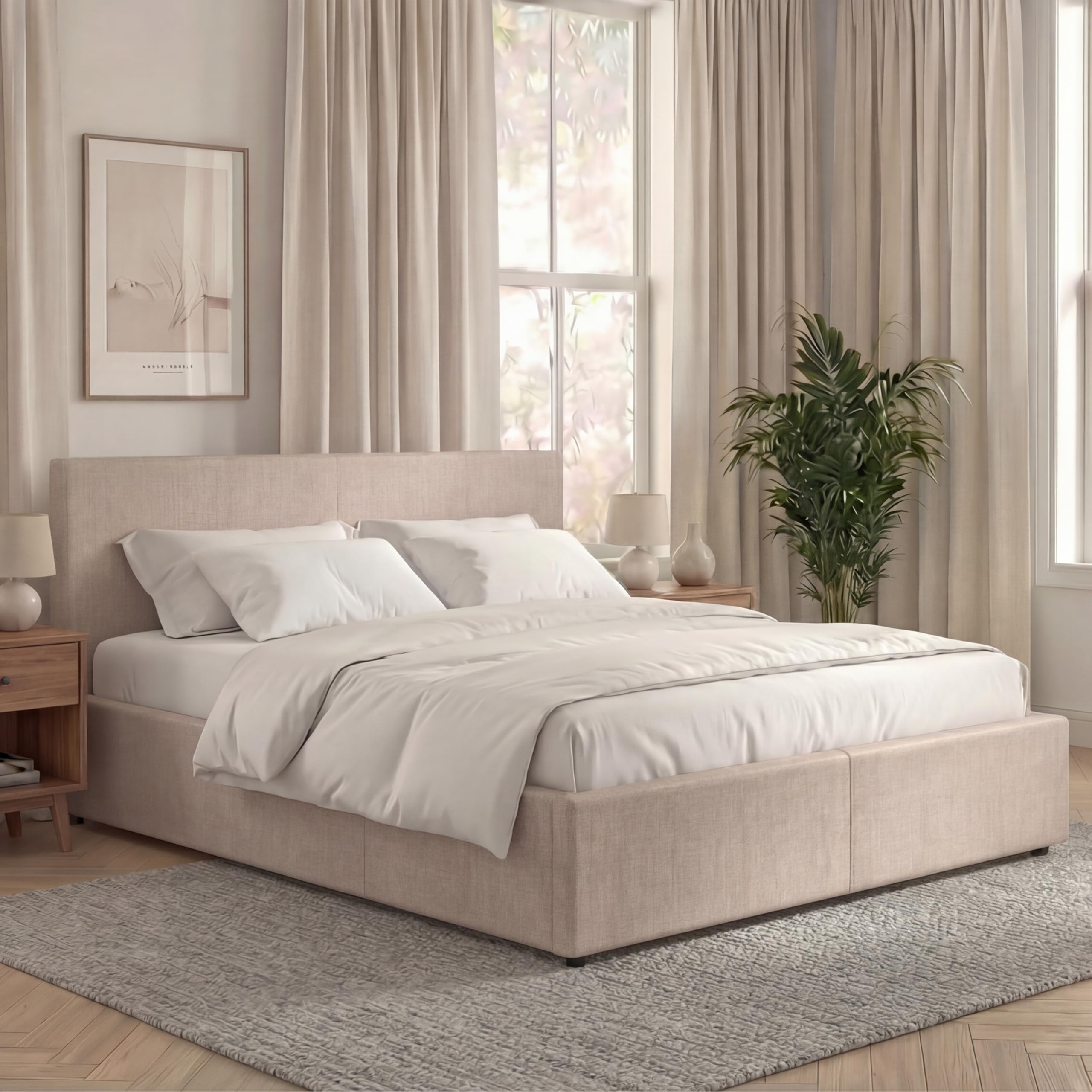 Vida Designs Veronica King Ottoman Bed Frame | Beige Linen | Upholstered Fabric | 5ft | Gas-Lift End Opening | Under-Bed Storage Space, Slatted Bed Base | Bedroom Furniture