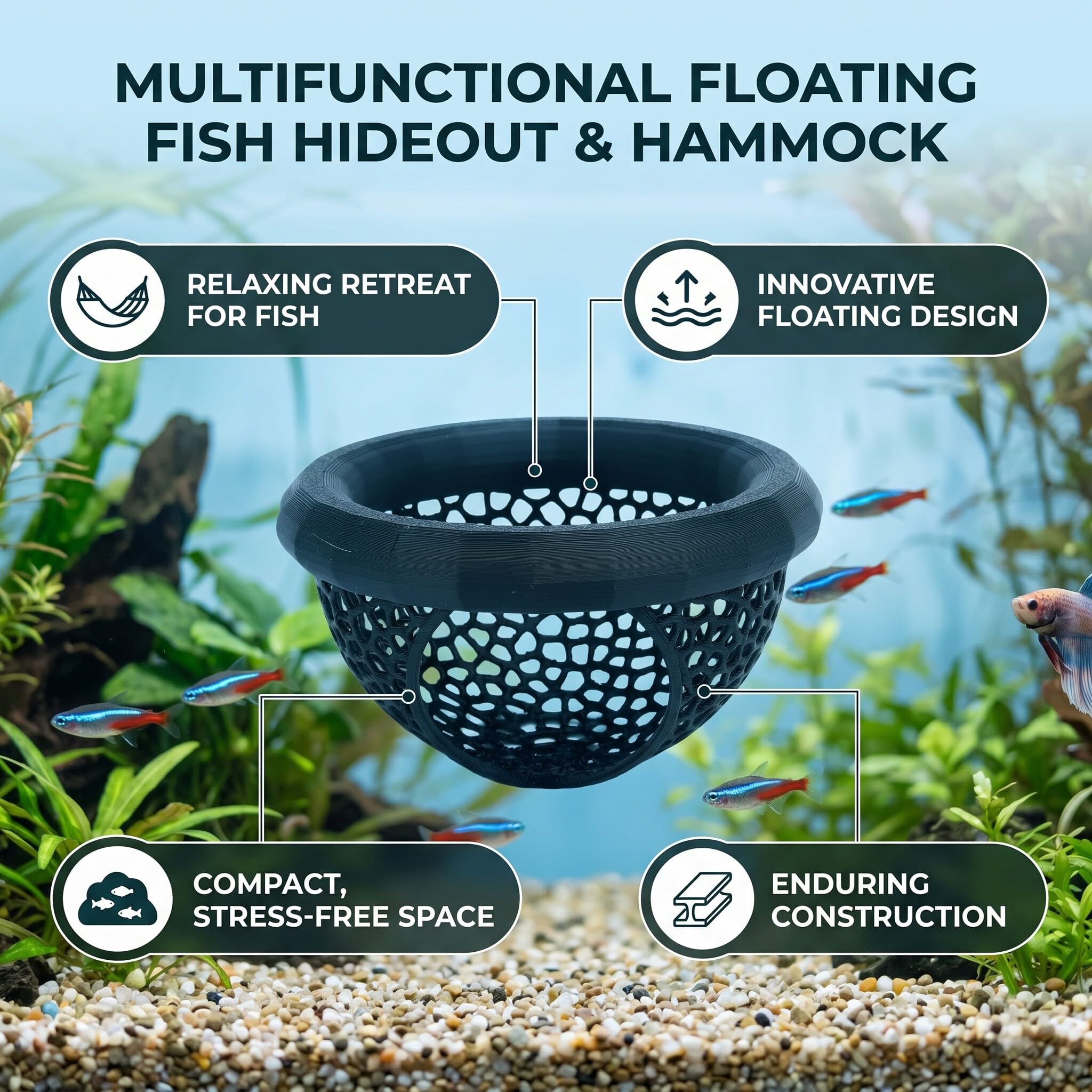 Zerodis Dekoracja Akwarium Akwaspape Dostarcza Kompaktowe Ryby Pływające Cave Aquarium Float Bedta Betta Play Side Hammock Fish Krewetki Pływające Schronienie do Zabawy (BLACK)