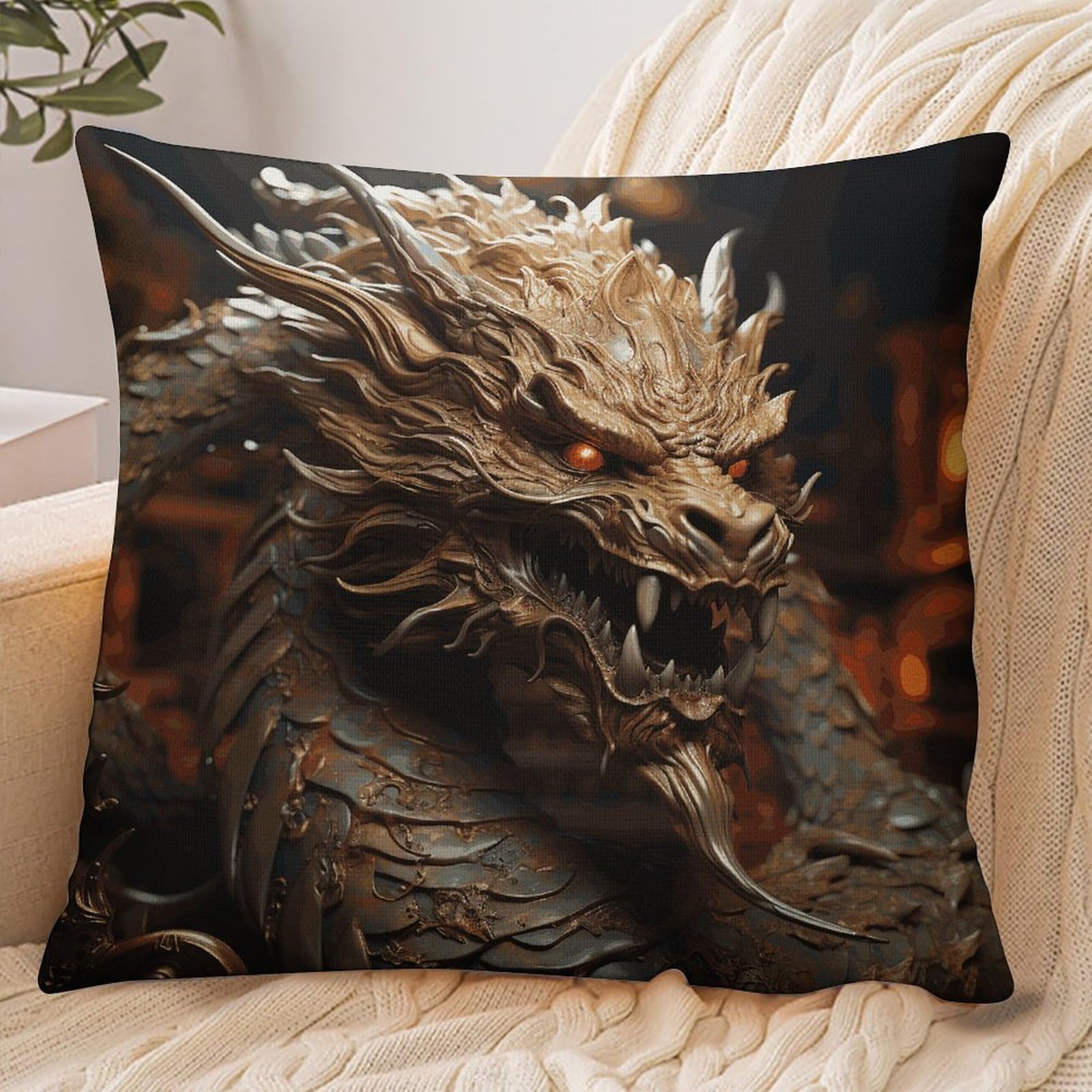 Fekiloot Style Golden Dragon On Red Background Pillowcase Pillow Sham Pillow Case