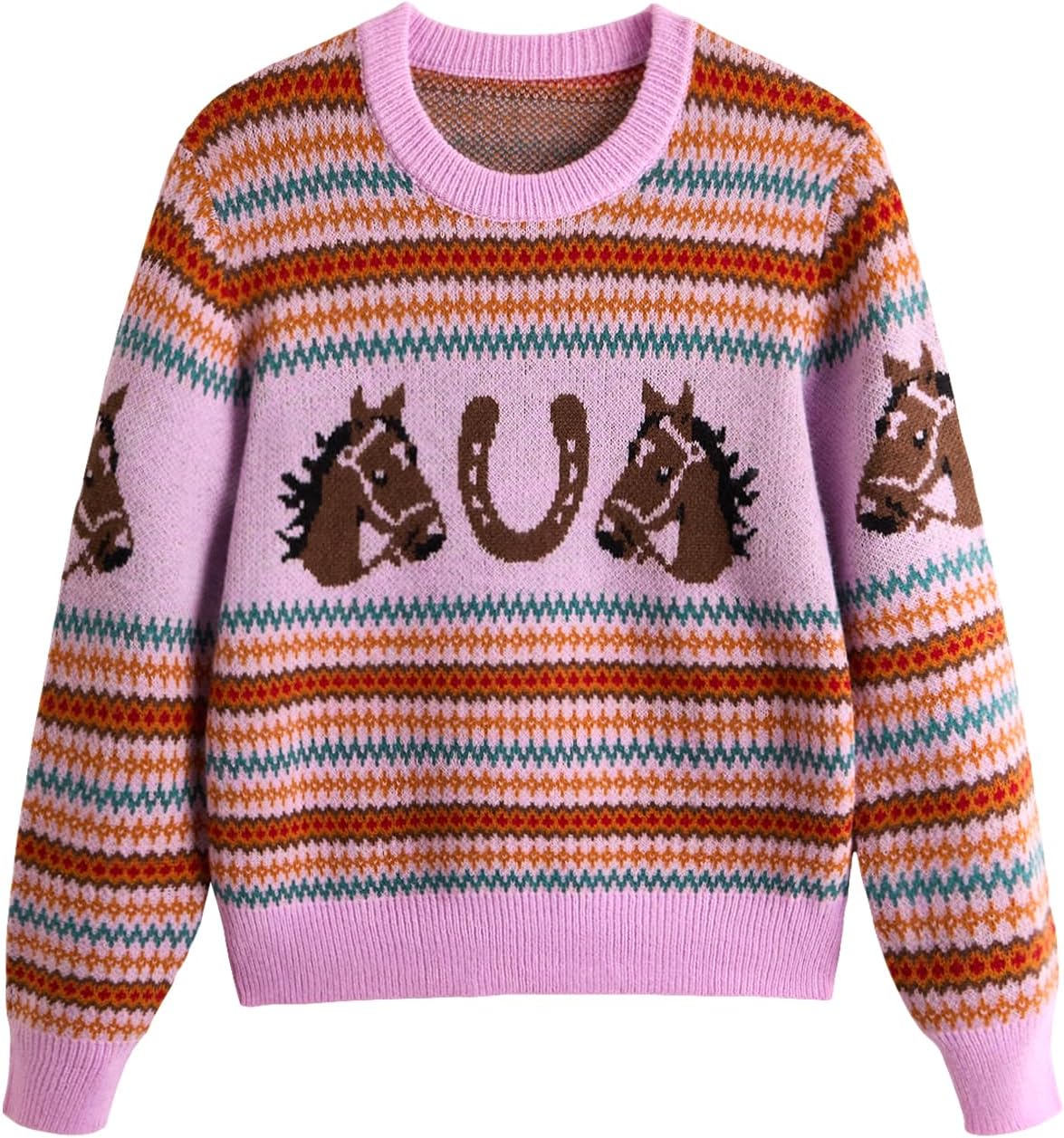 WDIRARA Women's Graphic Sweaters Crew Neck Long Sleeve Pullover Retro Vintage Knit Tops