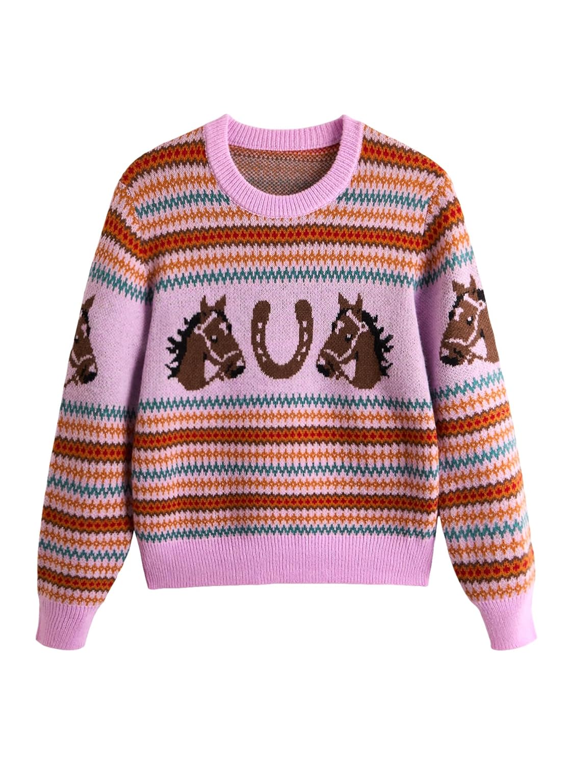 WDIRARA Womens Graphic Sweaters Crew Neck Long Sleeve Pullover Retro Vintage Knit Tops