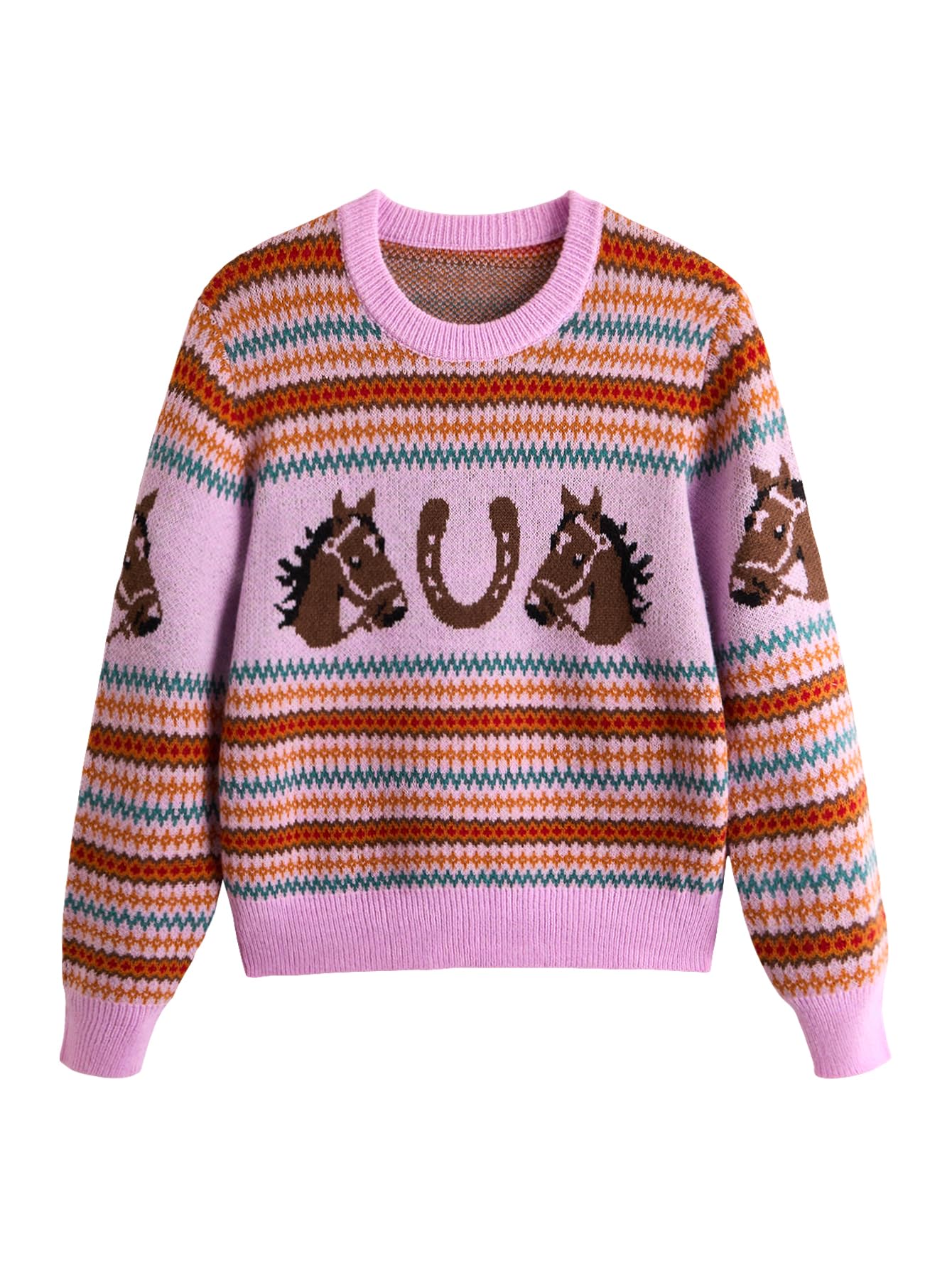 WDIRARA Womens Graphic Sweaters Crew Neck Long Sleeve Pullover Retro Vintage Knit Tops