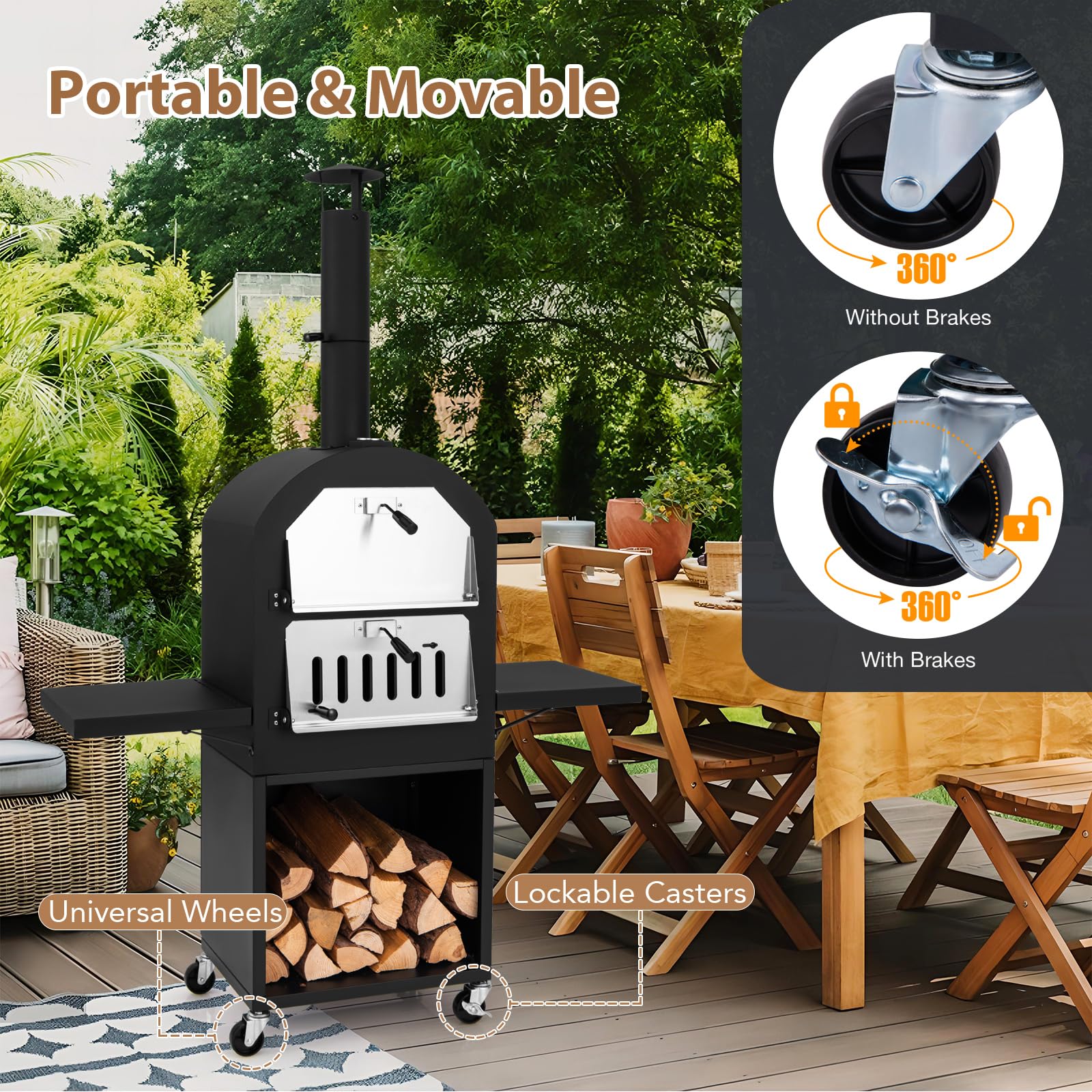 KOMFOTTEU Four à Pizza d'Extérieur Portable 2 Couches avec Sac de Transport, Pelle, Grille, Thermomètre