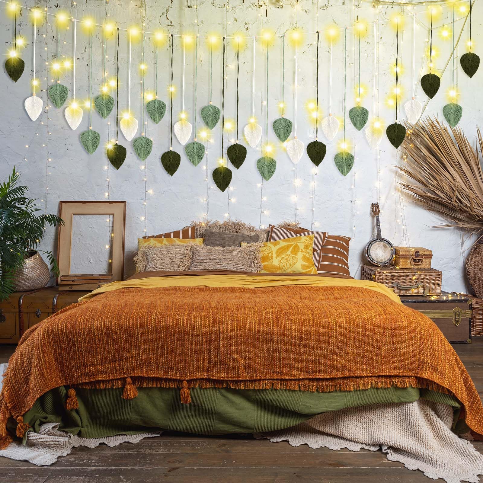 30 piezas de macramé grande para colgar en la pared, 71 x 30 pulgadas, tapiz verde bohemio para decoración del hogar con hojas bohemias ligeras para dormitorio, telón de fondo, guardería, decoración 4