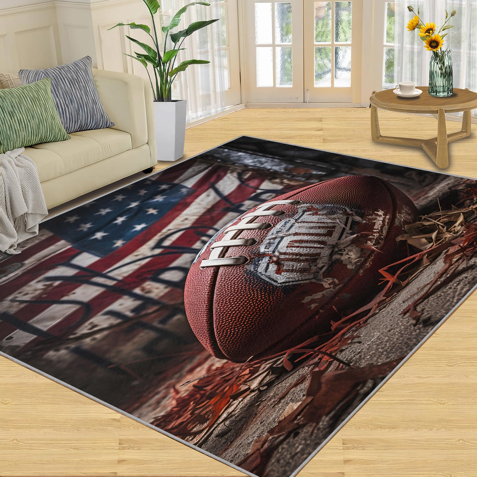 Tapis d'intérieur antidérapant pour salon, chambre à coucher, chambre d'enfant, dortoir, motif football américain, drapeau américain, 140 x 200 cm
