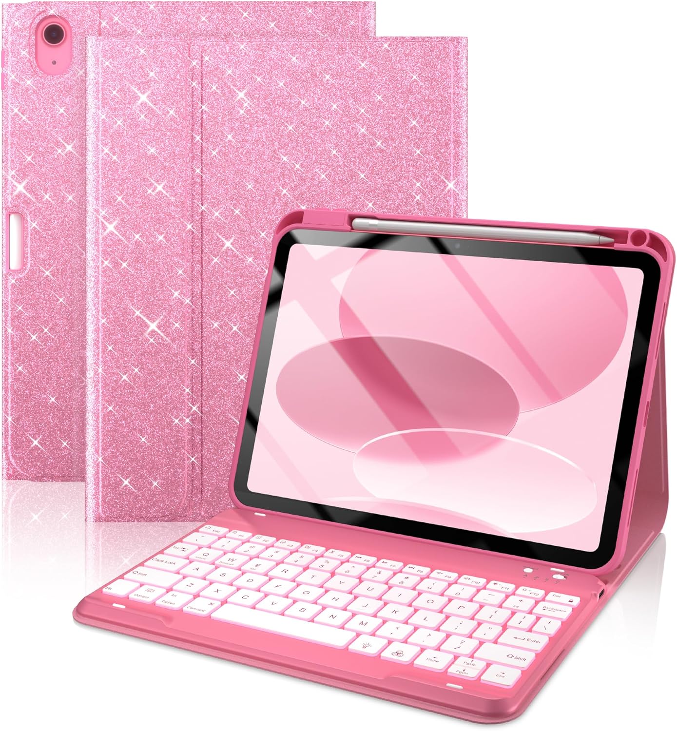 typecase Folio Keyboard Case for iPad 10th Gen 10.9 inch (2022) and iPad 11th (A16, 2025), Magnetic Wireless Detachable Keyboard, 7-Color Backlight, Thin & Light, Pencil Holder – Rose Red Glitter