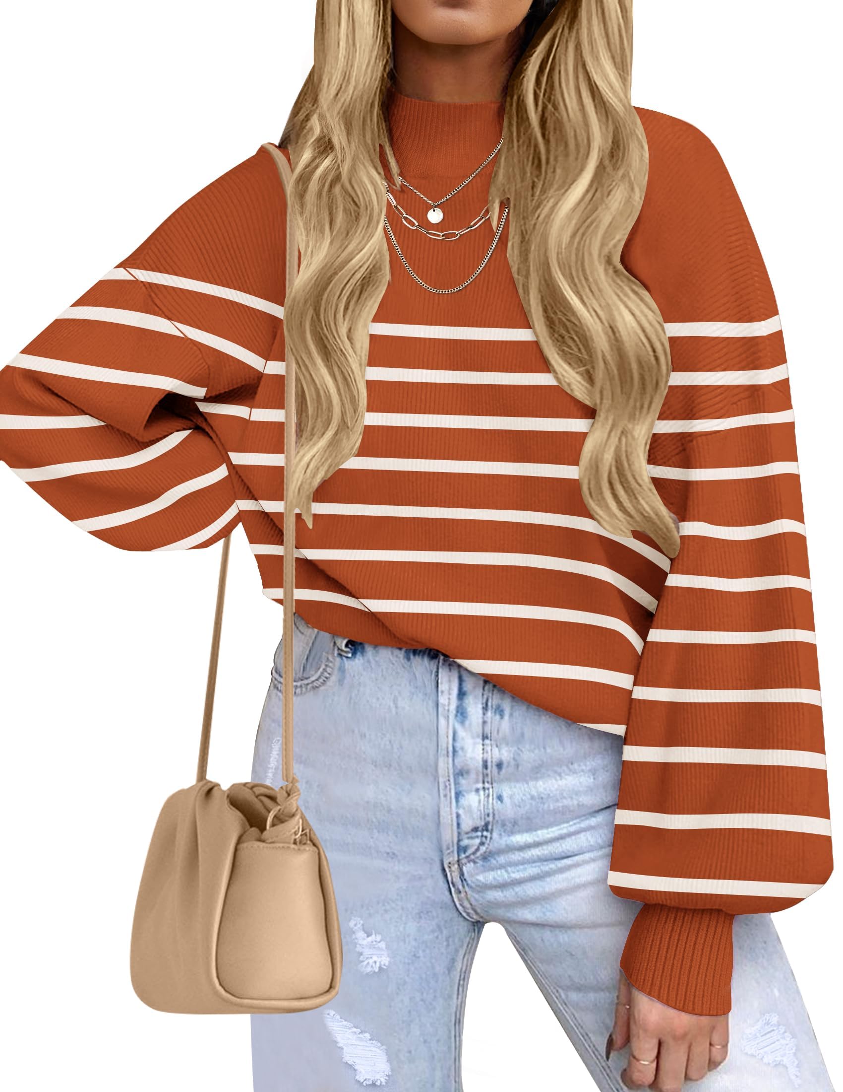 ZESICA Women's 2026 Fall Striped Pullover Sweaters Tops Fashion Outfits | Checkered, Mock Neck, Oversized, Trendy Casual Loose Fit, Cute, Chunky Cozy Holiday Winter Clothes