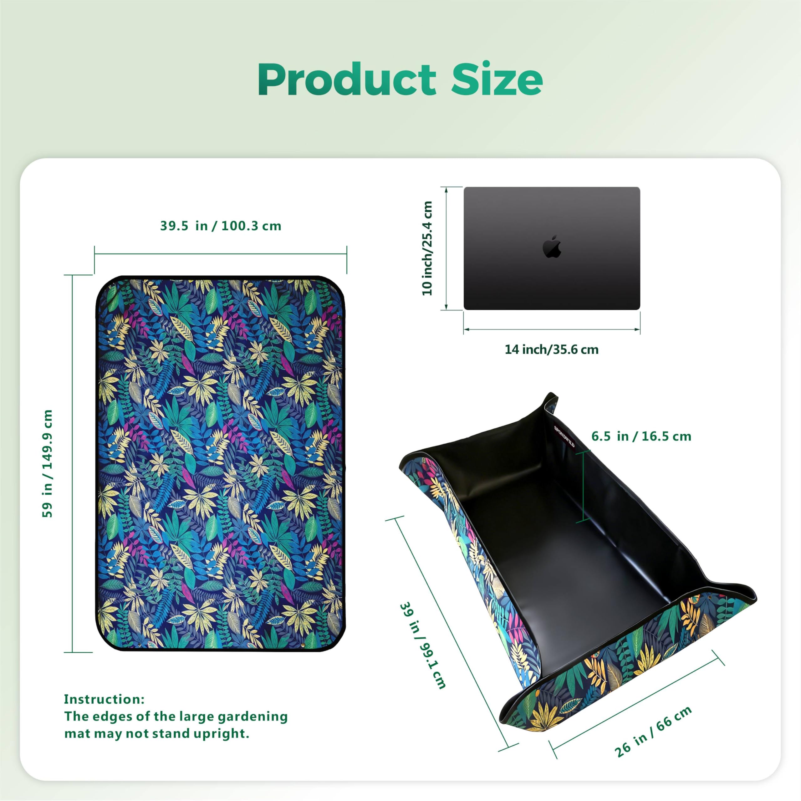 Tapis Imperméable de Rempotage - 100x150 cm Bac de Plantage en Tissu Oxford, Pliable et Portable pour Jardinage d'Intérieur, Contrôle de la Terre (Impression Feuilles Noires)