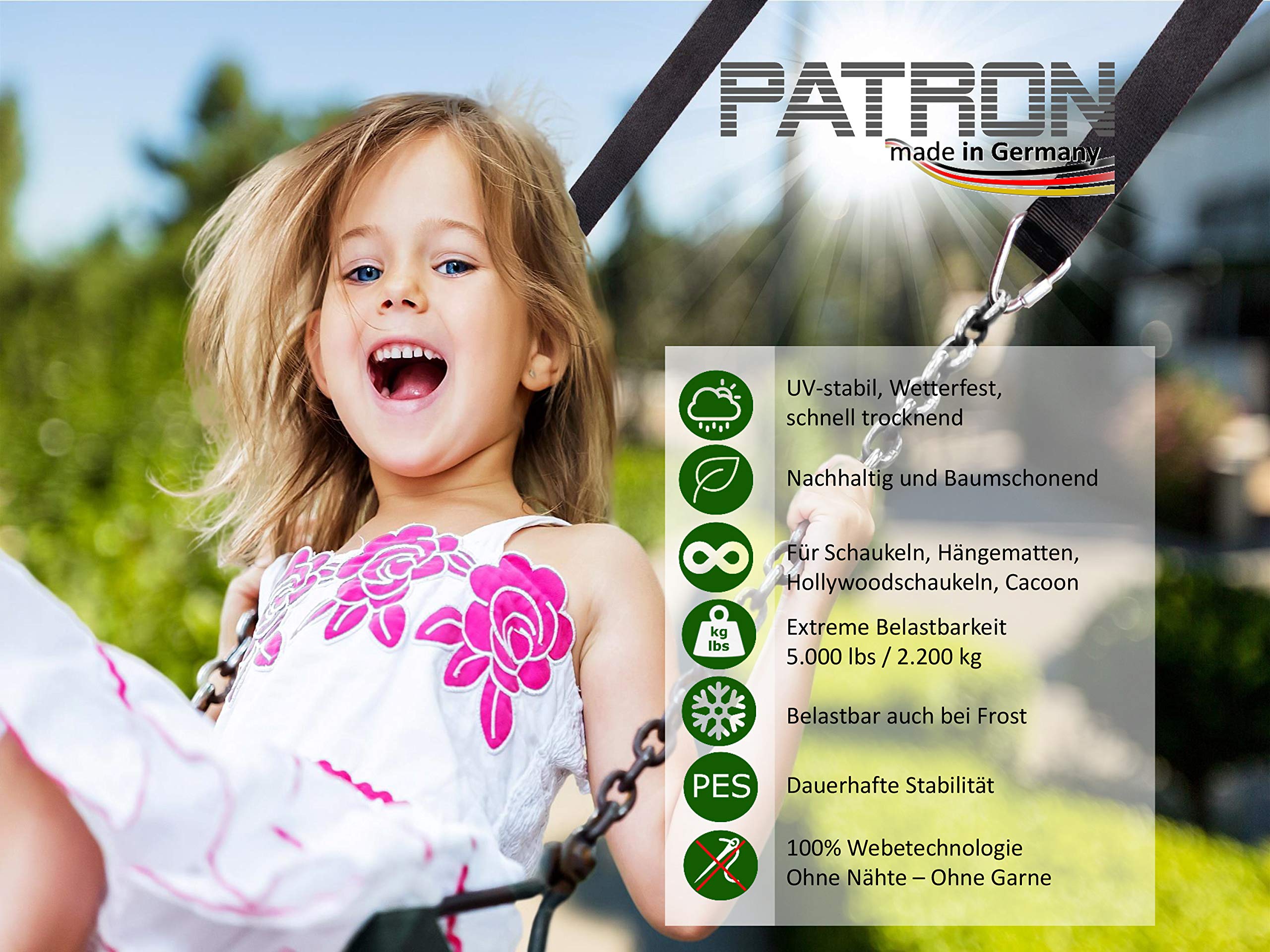 PATRON® BETWEEN 12m, Spanngurt zum Hängen zwischen Bäumen - Belastbarkeit 2200 kg inkl. 2 Premium Delta Karabiner, Polyester, abnehmbar und erweiterbar, PAT Bandlänge:12m