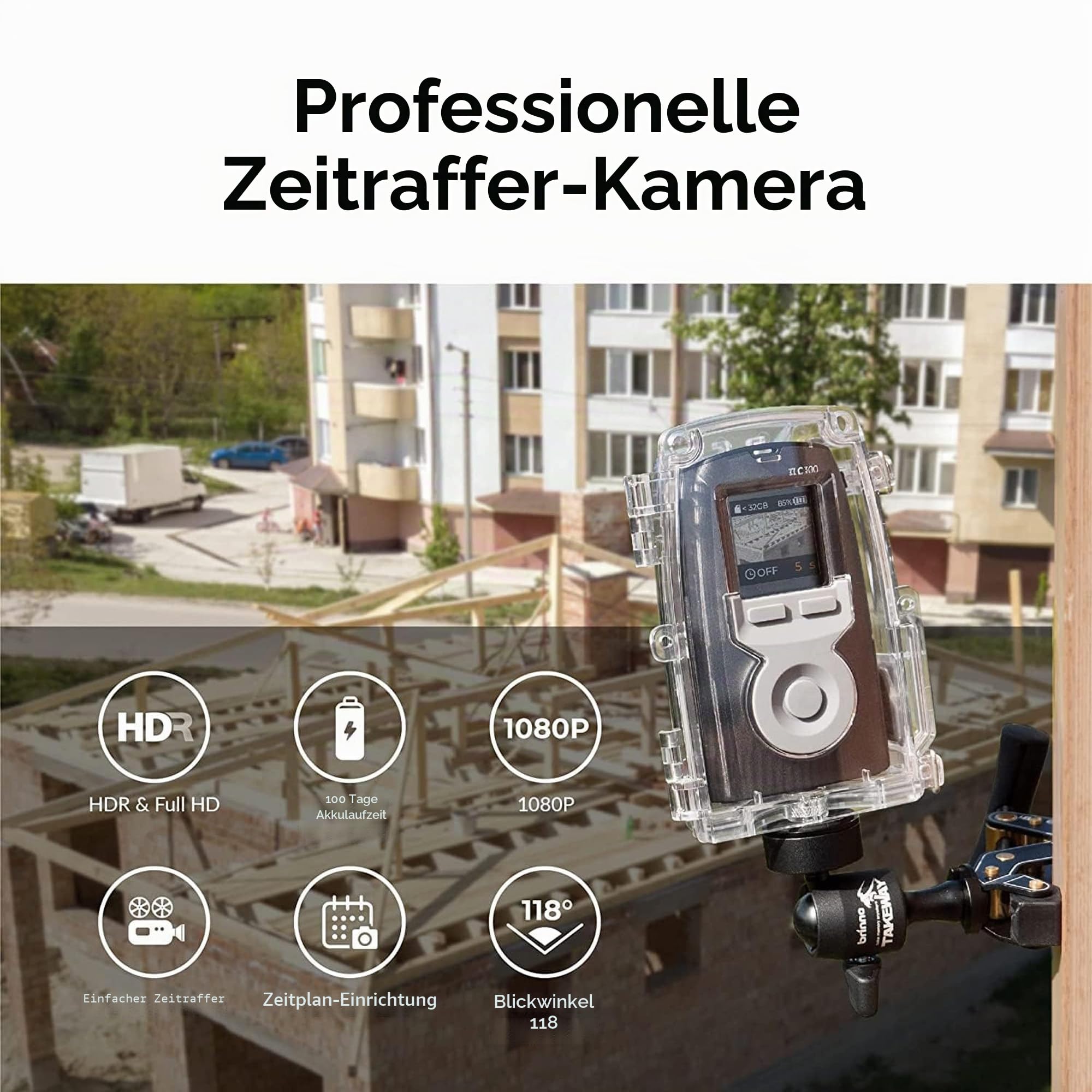 Brinno BCC300-C Video-Zeitraffer-Kit – TLC300 Time Lapse Kamer 1080P FHD HDR, IPS-LCD-Bildschirm, IPX4 Schutzgehäuse, Montageklemme – Einfache Bedienung, ideal für Bauprojekte Innen- und Außen