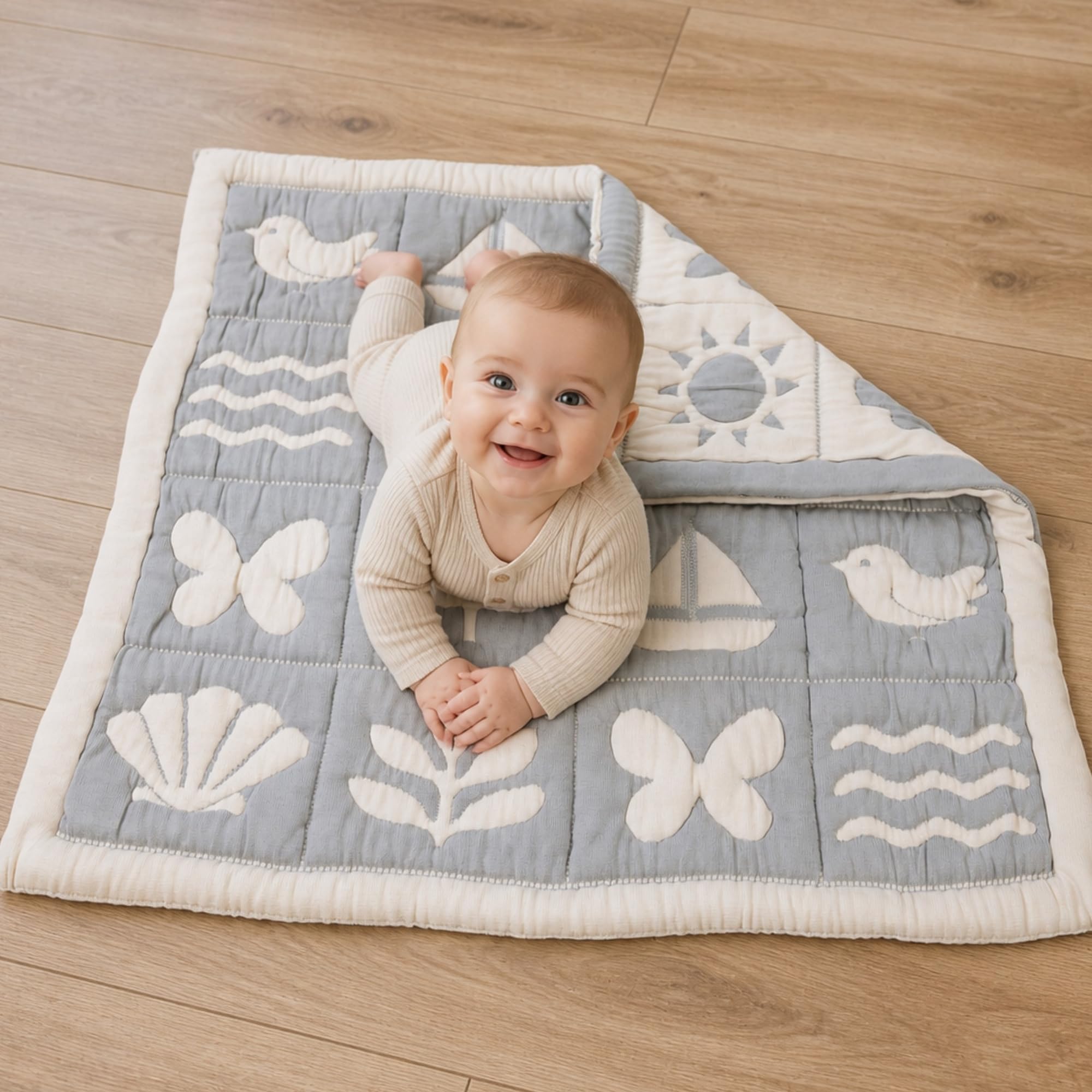Spieldecke Baby 100 × 100 cm – Wendbar & Gepolstert | Waschbare Krabbeldecke – ideal für Tummy Time, Rollen & erste Entdeckungen – Oberstoff aus 100 % Bio-Baumwolle