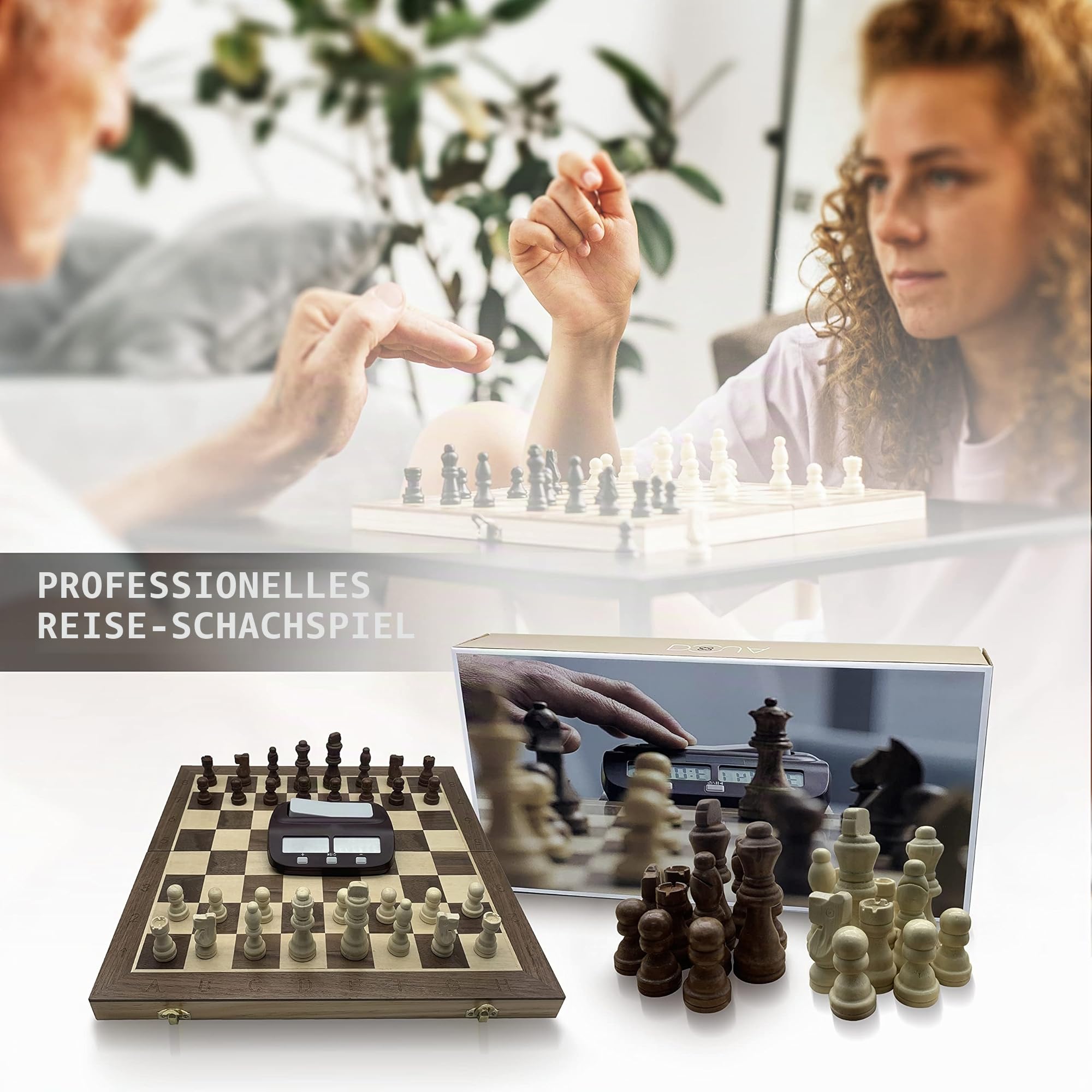 DOJA Barcelona | Klappbar Schachspiel Holz mit Schachuhr | 39x39 | Profi Schachbrett Hochwertig für unterwegs mit Digital Uhr | Staunton Brettspiel | Schach Magnetisch/Chess Board Set