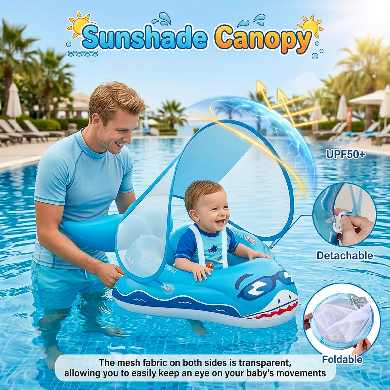 Qoosea Schwimmring Baby von 6 Monate bis 3 Jahre, Aufblasbar Schwimmreifen Baby mit Abnehmbarem Sonnendach UPF50+, Verstellbarer Schwimmsitz für Jungen und Mädchen Baby Float Mitwachsende Schwimmhilfe