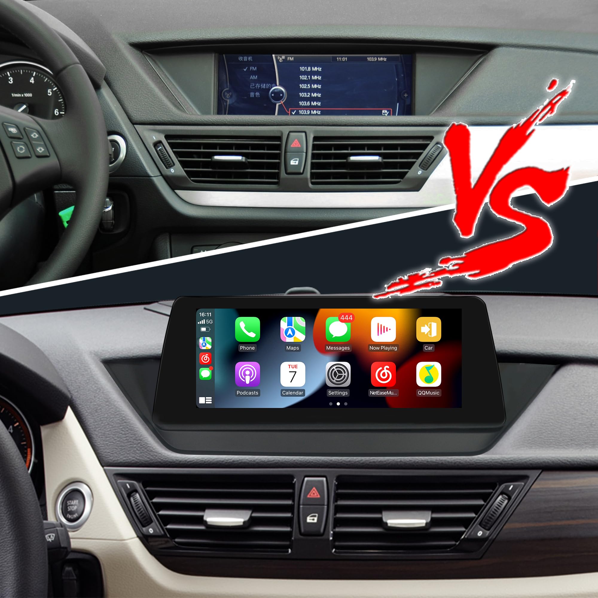 Aktualizacja ekranu 26.0 cm do BMW X1 E84 bez wyświetlacza Oem Radio zamiennik zestawu stereo Android 13 Carplay Android Auto Bluetooth Wifi 4G SWC Spotify nawigacja GPS na desce rozdzielczej (256 GB)