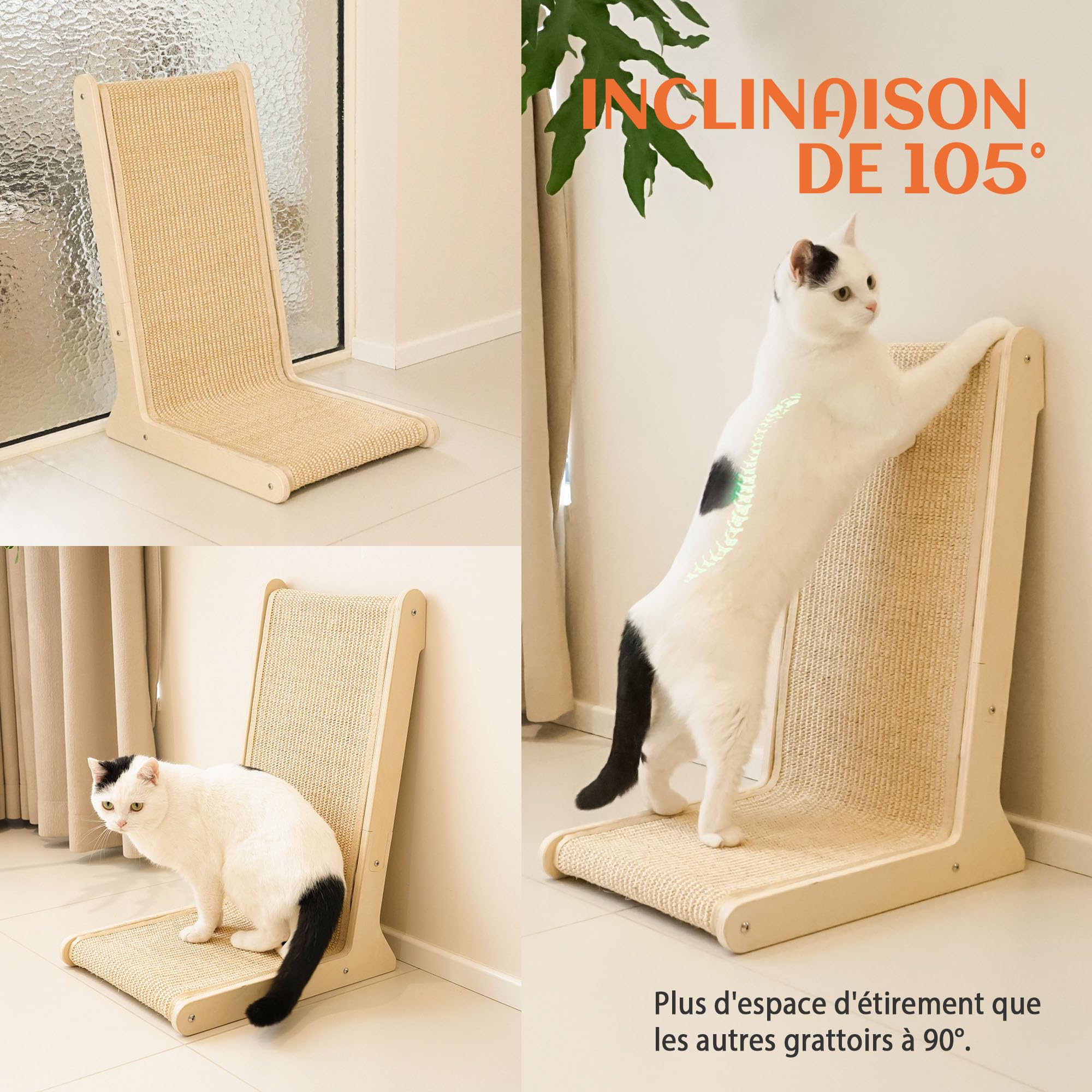 PETKARAY Griffoir Chat en sisal 105°, Forme L Robuste pour intérieur, Protection canapé et Meubles, Fixation Stable au Sol, avec Herbe à Chat Incluse