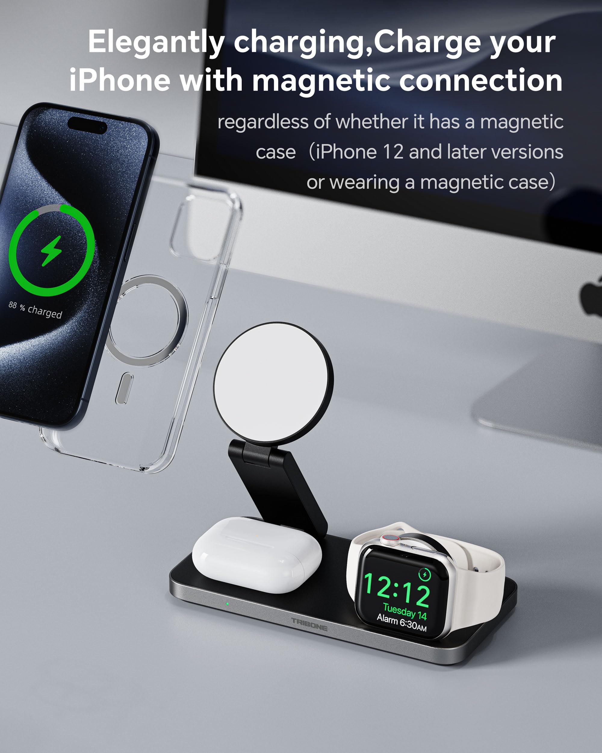 3 in 1 Wireless Charging Station for Apple Devices, Foldable Magnetic MagSafe Charger Stand for iPhone 16/15/14/13/12 Series, Apple Watch, and AirPods (Black)