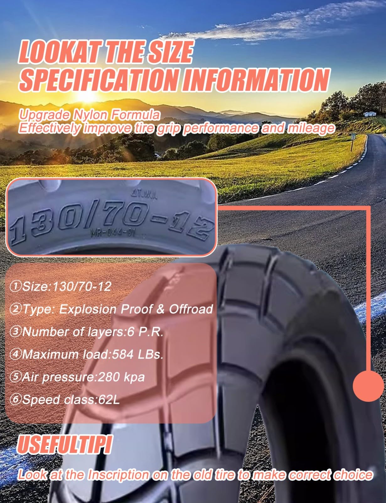 130/70-12 Reifen für Roller/Moped, 6 P.R, 280 kPa, max. Tragfähigkeit: 260 kg, 62 l, 130/70/12 Schlauchlos, rutschfeste Lauffläche, verschleißfestes Offroad-Profil