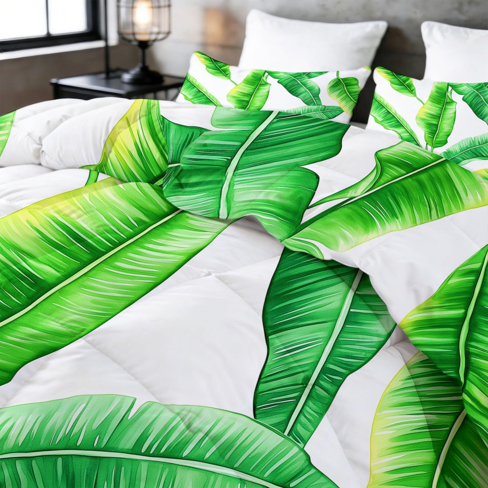 Botanico Foglia di Banana Foglia di Palma Trapunta Calda 140 x 200 cm, Bianco Verde Trapunta Leggera per Letto - Coperta morbida 4 stagioni Trapunta Lavabile per Bambini Ragazze Ragazzi Adolescenti