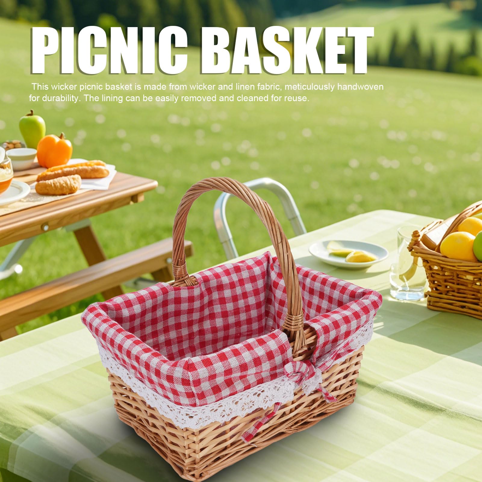 Fockety Cesta de Mimbre, Cesta de Picnic Tejida con Forro Desmontable, Cesta de Mimbre Ovalada para Regalos, Cesta de Almacenamiento Grande para Camping, Al Aire Libre, Halloween, (Cuadros Rojos)