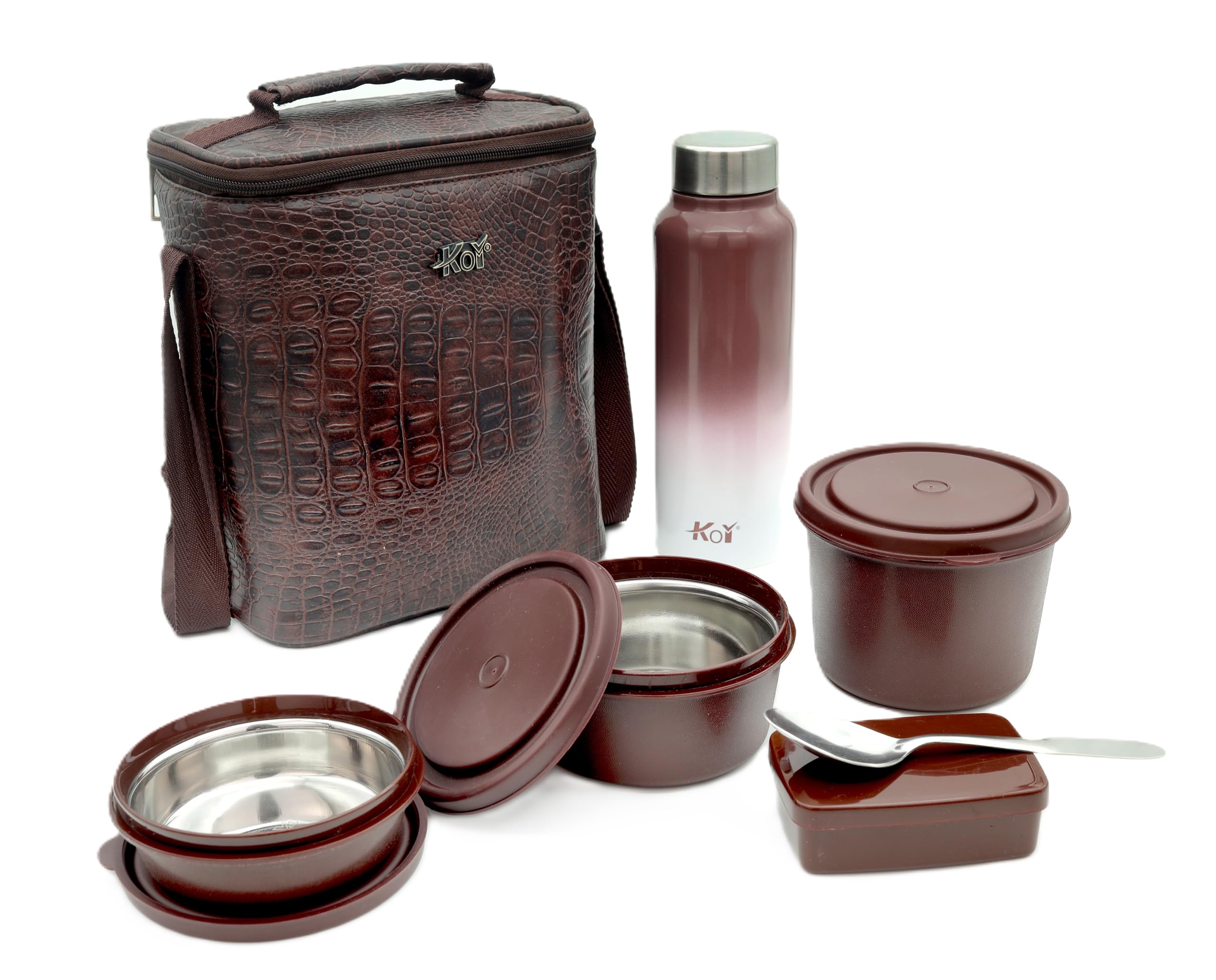 KOI Luxe Lunch Box Set with Insulated Bag and Steel Cutlery – 3 Microwave Safe Steel Containers BPA Free (290ml, 450ml, 600ml), Plastic Pickle Box (180ml), and 750ml Steel Water Bottle(Green Croko) (B0D8TM5Z2W) Amazon Price History, Amazon Price Tracker