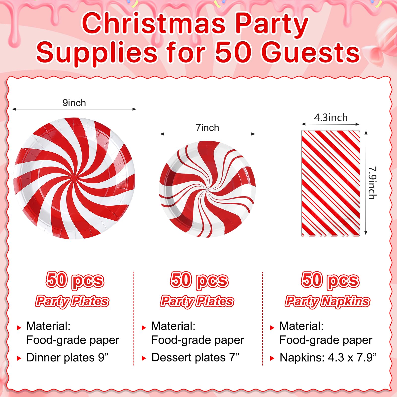 Lot de 150 assiettes de fête de Noël jetables en forme de canne à sucre d'orge - Assiettes et serviettes en papier rouge et blanc - Pour Noël, Nouvel An, fêtes de fin d'année, pour 50 personnes