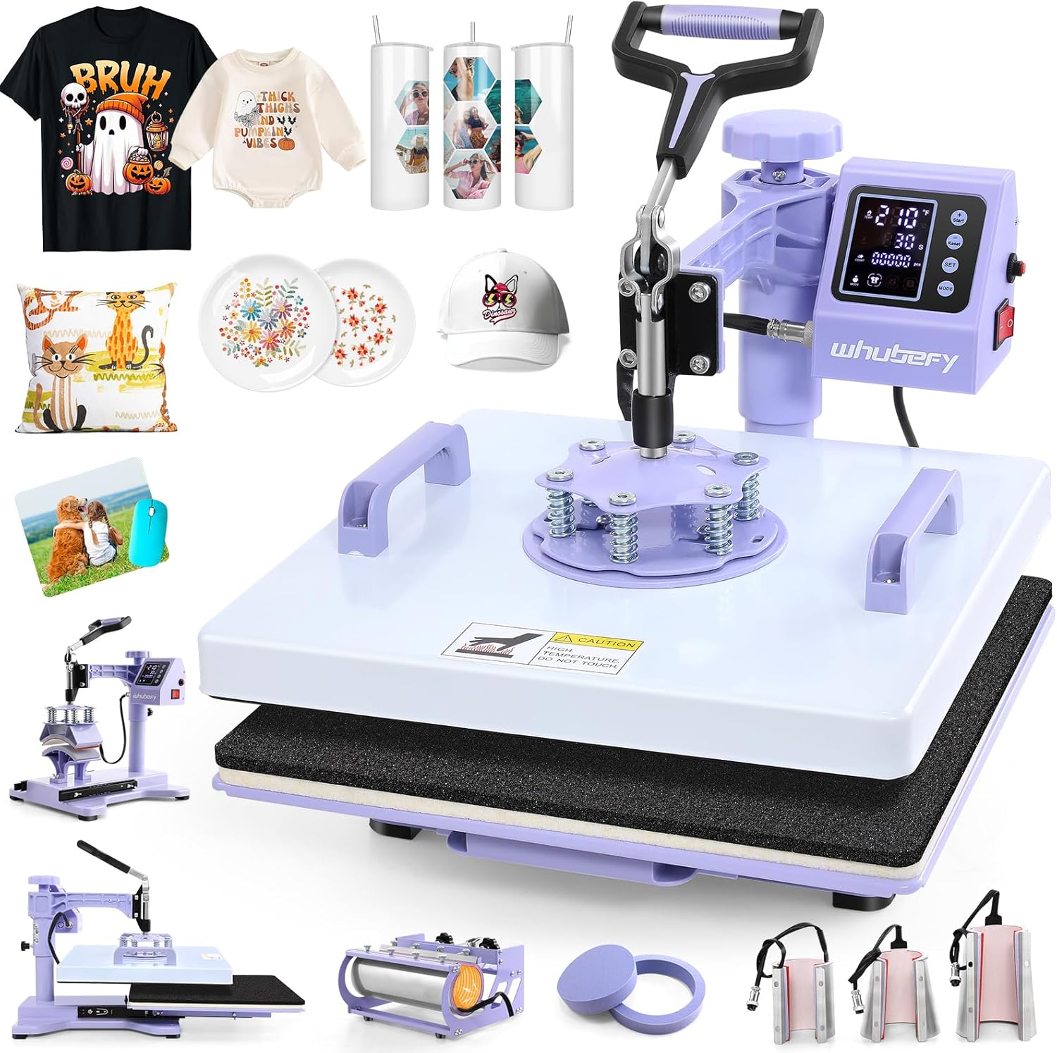 Whubefy 8 in 1 Heat Press Machine 15x15 Slide Out with 30OZ Tumbler Press, 1400W 360° Swing Away Shirt Pressing Machine, Heat Transfer Sublimation Heat Press Machine for T Shirts Hat Cap Cup Mug Plate